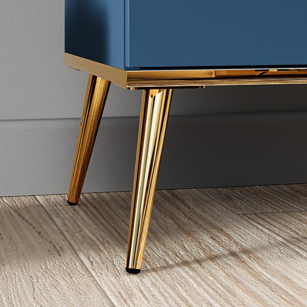 Lomadox Wohnwand MONTPELLIER-131, (4-St., 4-tlg), dunkelblau, LED-Beleuchtung, Füße & Griffe goldfarben, mit Couchtisch