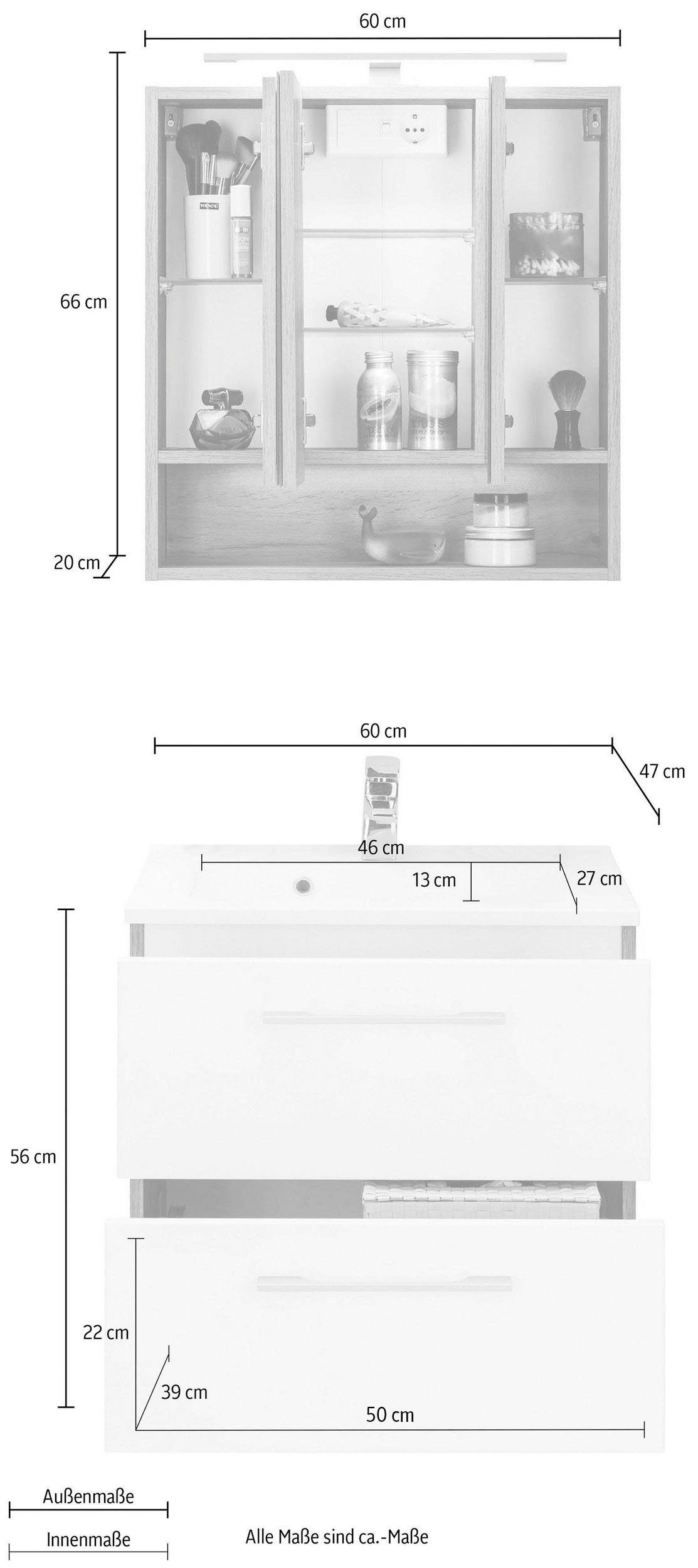 HELD MÖBEL Badmöbel-Set Soria, (2-St), Waschtisch Breite 60 cm, Spiegelschrank