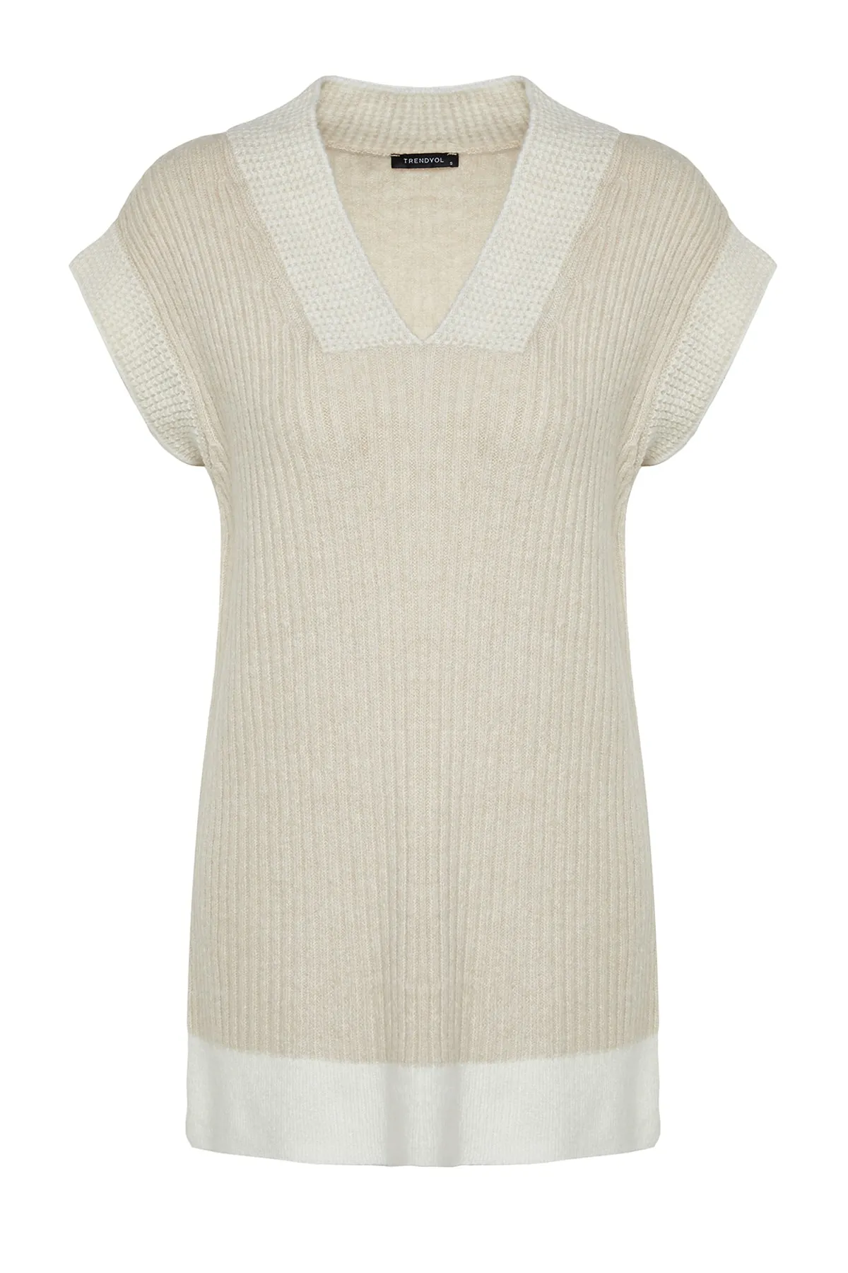 Trendyol Modest  Steinfarbener Thessaloniki-Strickpullover mit V-Ausschnitt und Blockfarben TCTAW24UV00000