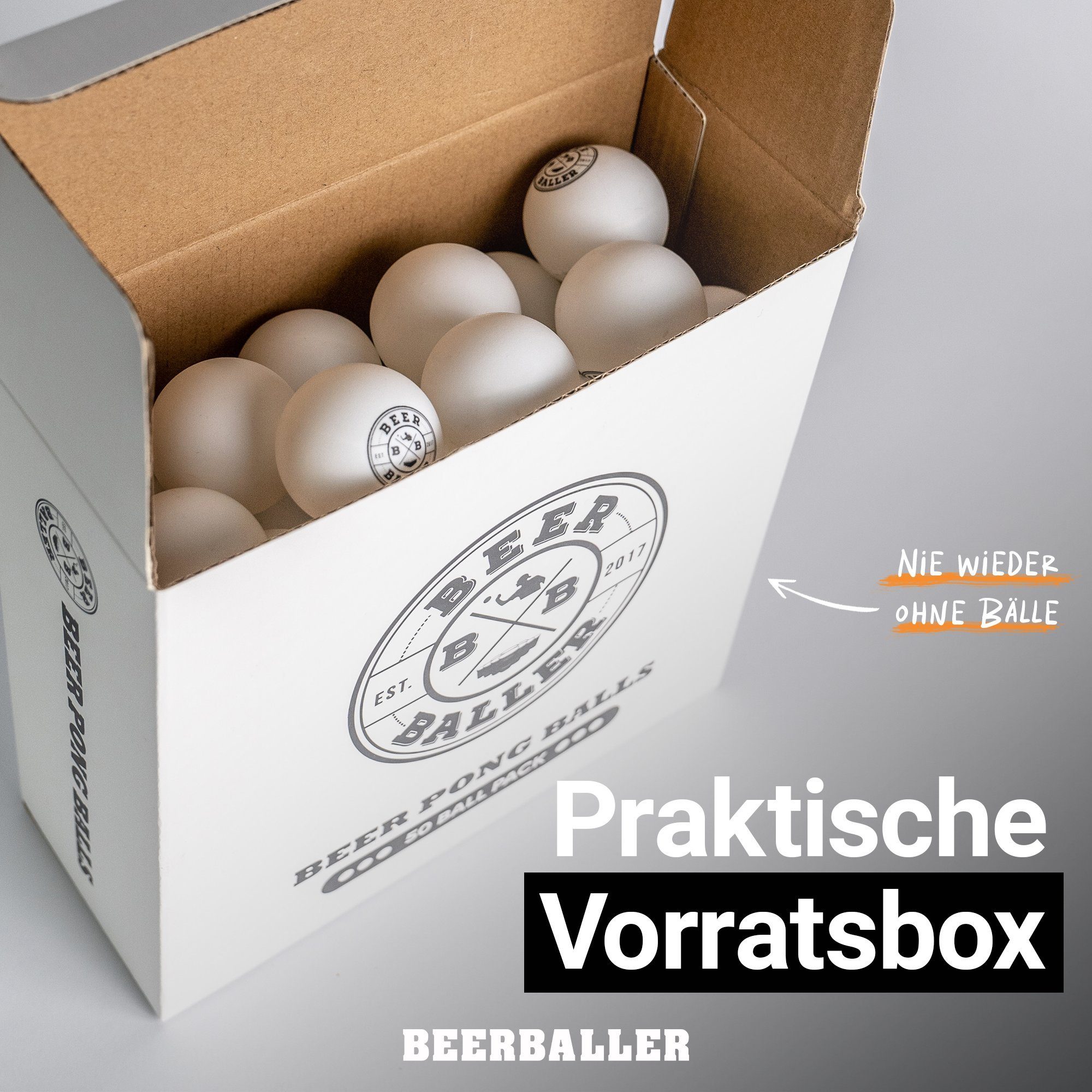 BeerBaller Tischtennisball BeerBaller® Beer Pong Bälle - 50 hochwertige, weiße Tischtennisbälle (Packung, 50er Pack), Optimiert für Beer Pong und Rage Cage