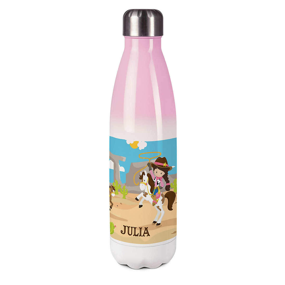 Edelstahl Kinder Thermoflasche / Trinkflasche bunt Cowgirl Spülmaschinenfest, Auslaufsicher, Bruchfest, Doppelwandig, Für Heißgetränke geeignet, Mit Deckel, Isoliert