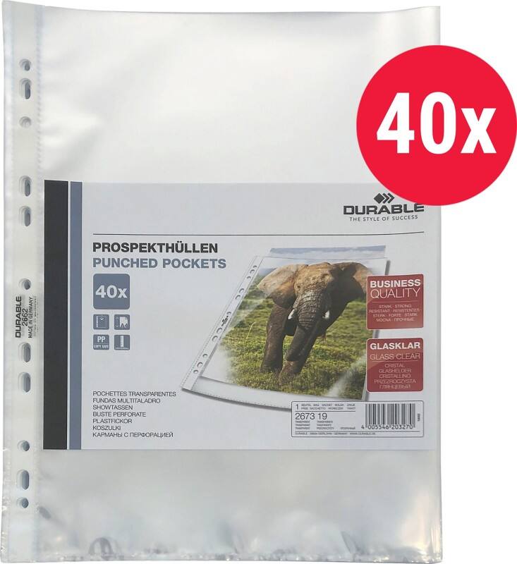 DURABLE Business Prospekthüllen DIN A4 Glasklar Transparent 60 Mikron PP (Polypropylen) Oben 11 Löcher 2673 40 Stück