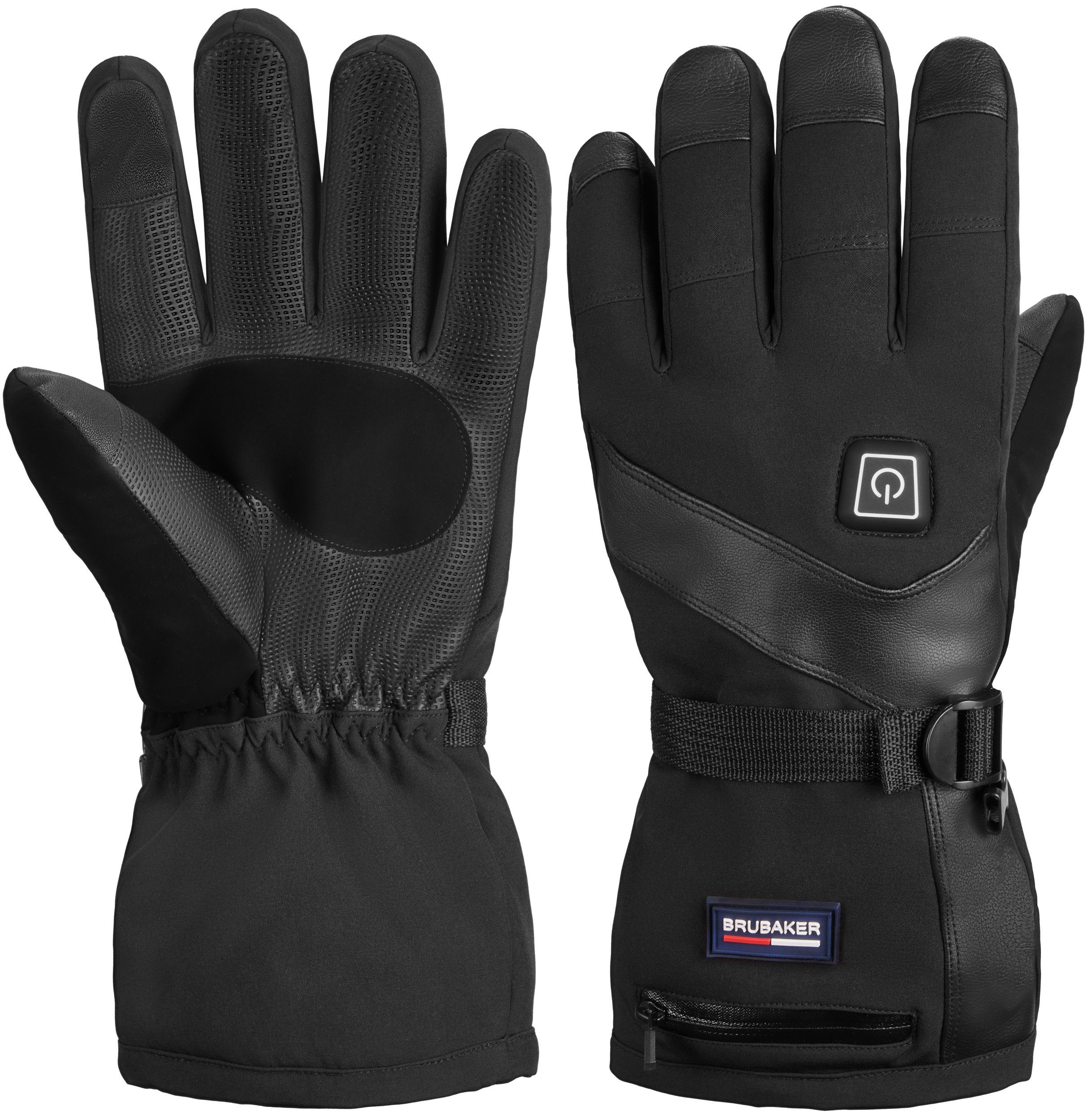 BRUBAKER Skihandschuhe Beheizbare Thermo Handschuhe mit Akku (mit Reißverschluss-Tasche) Wasserdicht und Winddicht – Winterhandschuhe für Herren und Damen - 3 Stufen Temperaturregler Heizung - Thermo Handschuhe Skifahren, Motorrad und Fahrrad