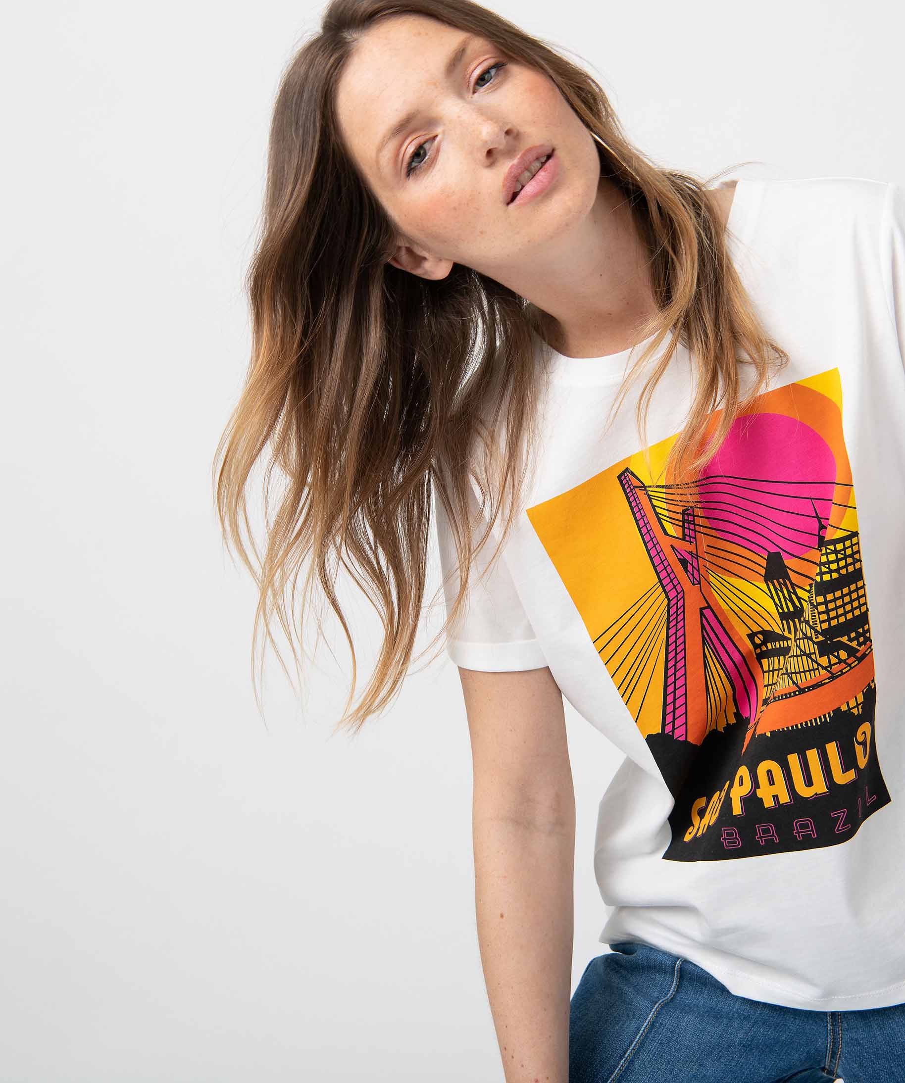 Tee-shirt femme à manches courtes avec motif Sao Paulo blanc | GEMO
