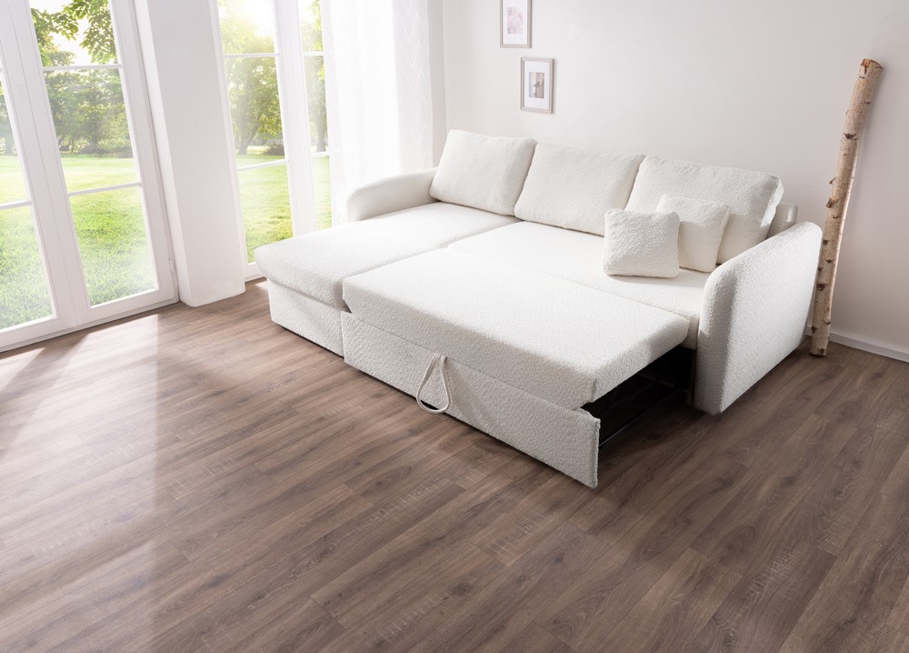 Möbel Punkt Ecksofa NICE Abriamo Boucle Ecru Hell mit Bett und Bettkasten Ottomane Universell Rechts Links