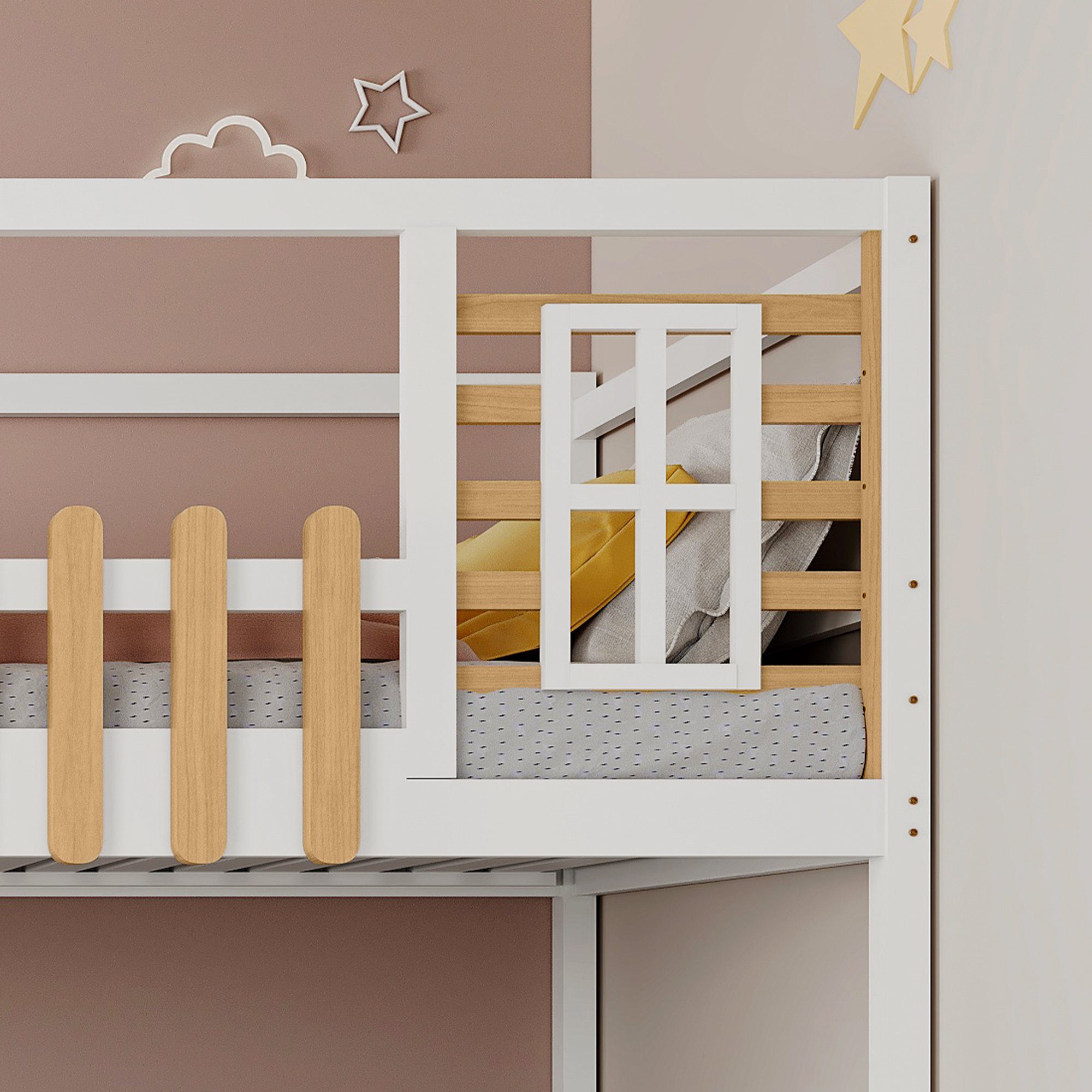 REDOM Kinderbett Kinderbett Einzelbett Gästebett Bett (mit 3 Schließfächer in der Treppe, mit Fallschutzgitter, mit Treppe, Fenster und Regalkasten), Rahmen aus massivem Kiefernholz, Ohne Matratze