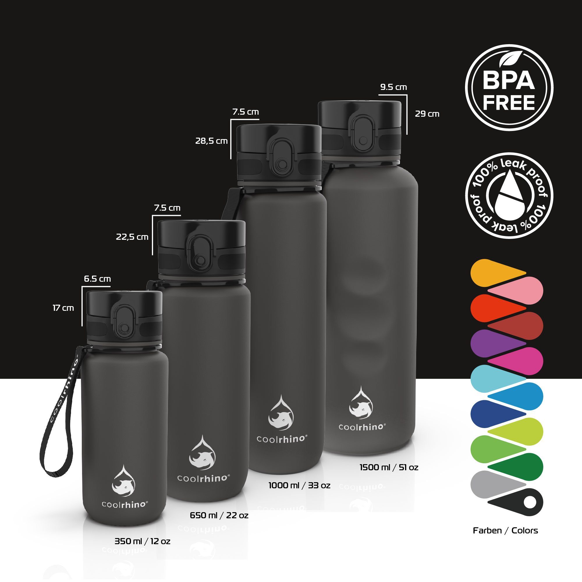 coolrhino Trinkflasche rhinoSport Tritan Sportflasche 350 ml, 650 ml, 1 liter, 1,5 l, Wasserflasche auslaufsicher für Sport, Outdoor, Schule und Fahrrad