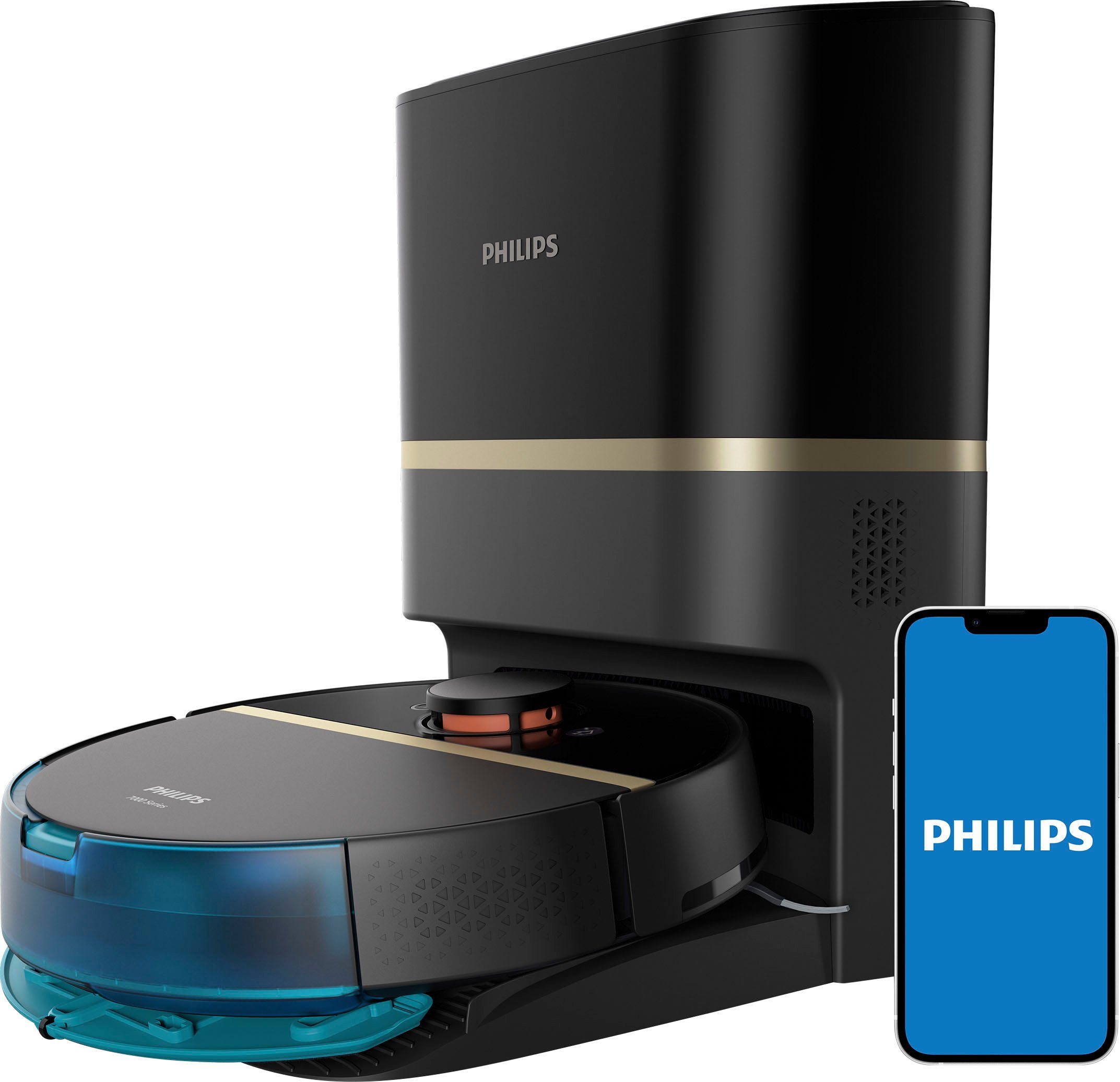 Philips Saugroboter XU7100/01, 180 min Akkulaufzeit, Teppichfunktion, 360° Lasernavigation, ToF-Sensoren, Vibrationswischer, inkl. Entleerungsstation