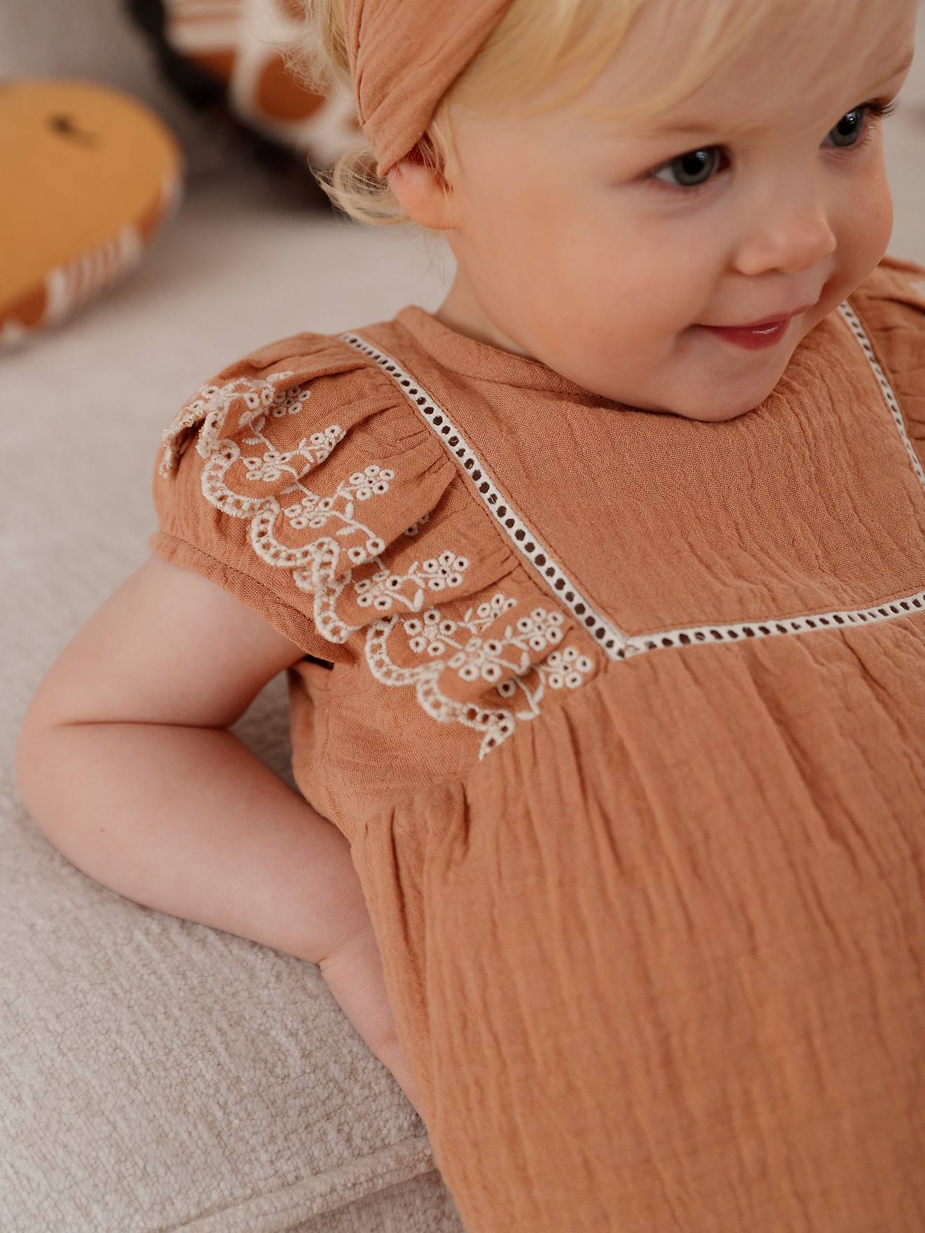 Vertbaudet Baby-Set: Bluse, Shorts & Haarband, Musselin - karamell
