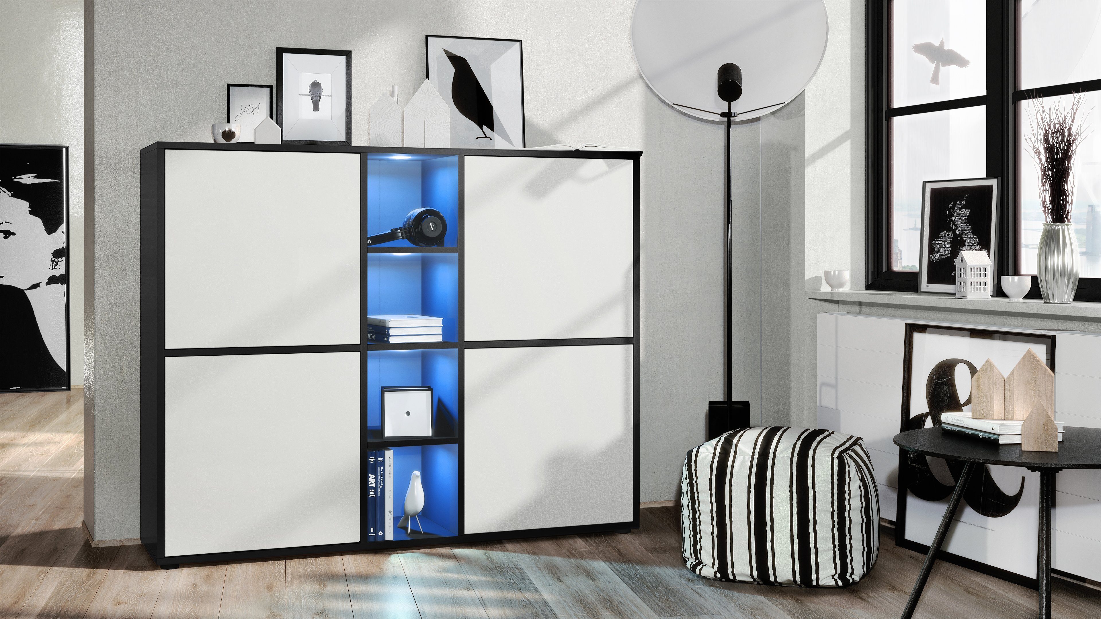 Vladon Highboard Cuba (Highboard, mit 12 Fächern, inkl. RGB LED Beleuchtung), Korpus in Schwarz matt / Fronten in Weiß matt (130,5x105,5x35,5 cm)
