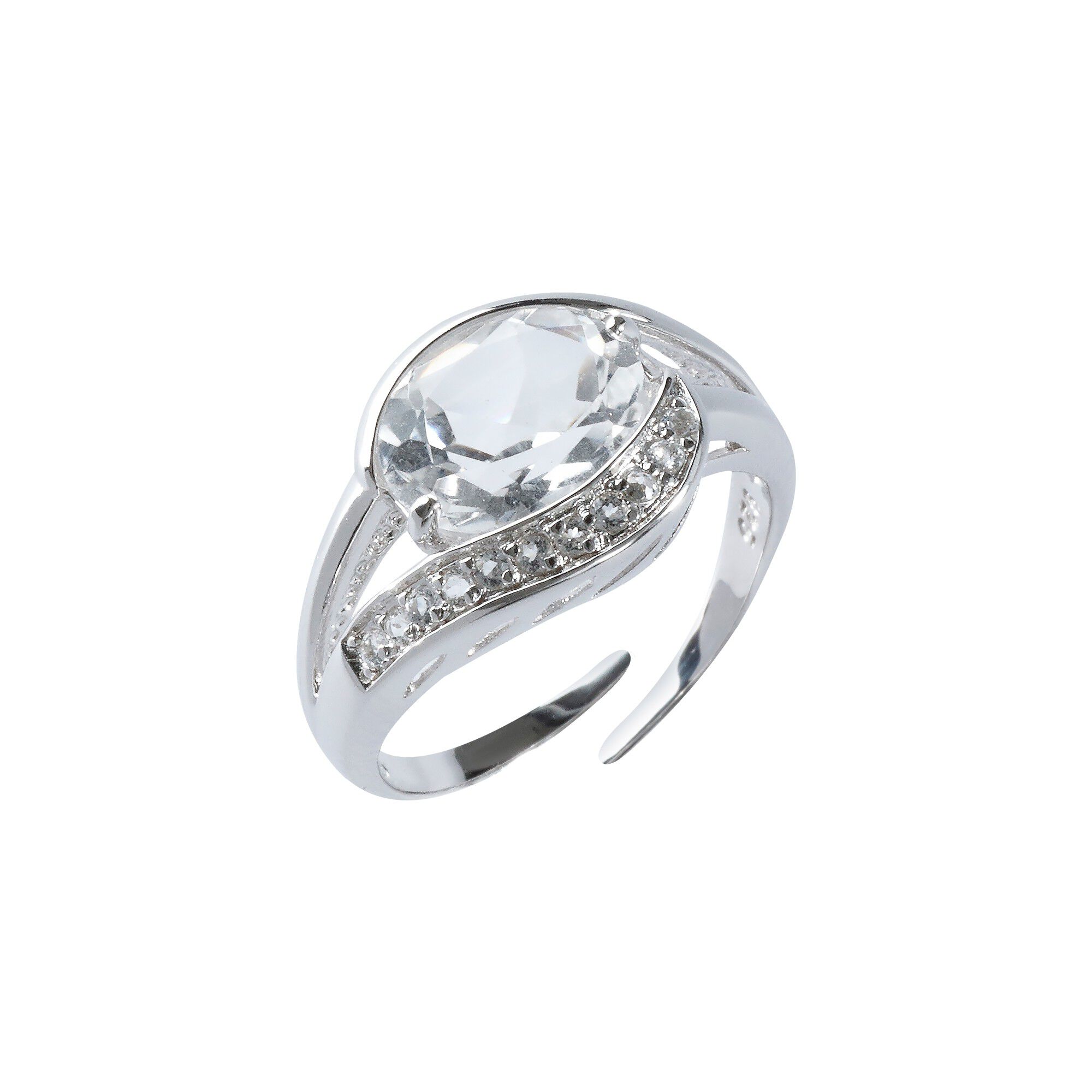 Bague réglable argent cristaux et pierre ovale en Cristal de Roche