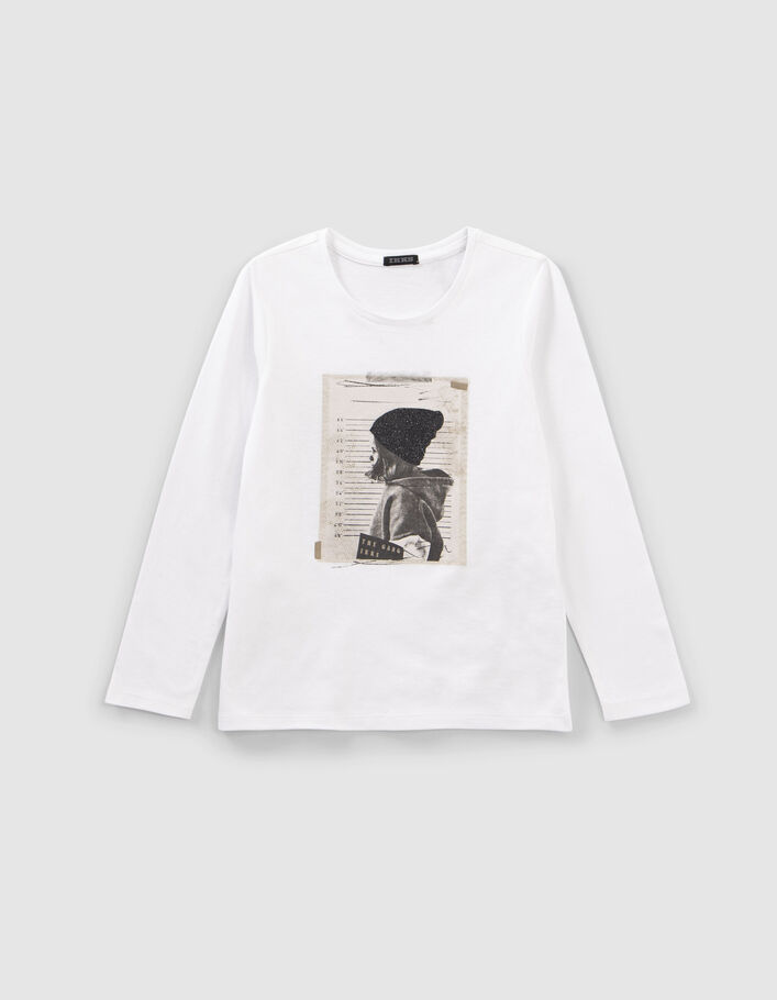 T-shirt blanc cassé coton bio visuel fille à bonnet