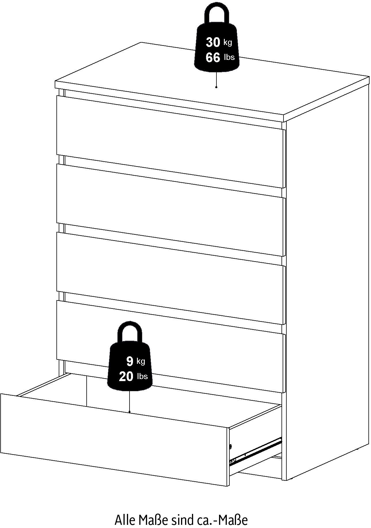 Home affaire Kommode Naia, abgerundete Schubladenkanten auf Metallgleiter, Breite 77 cm