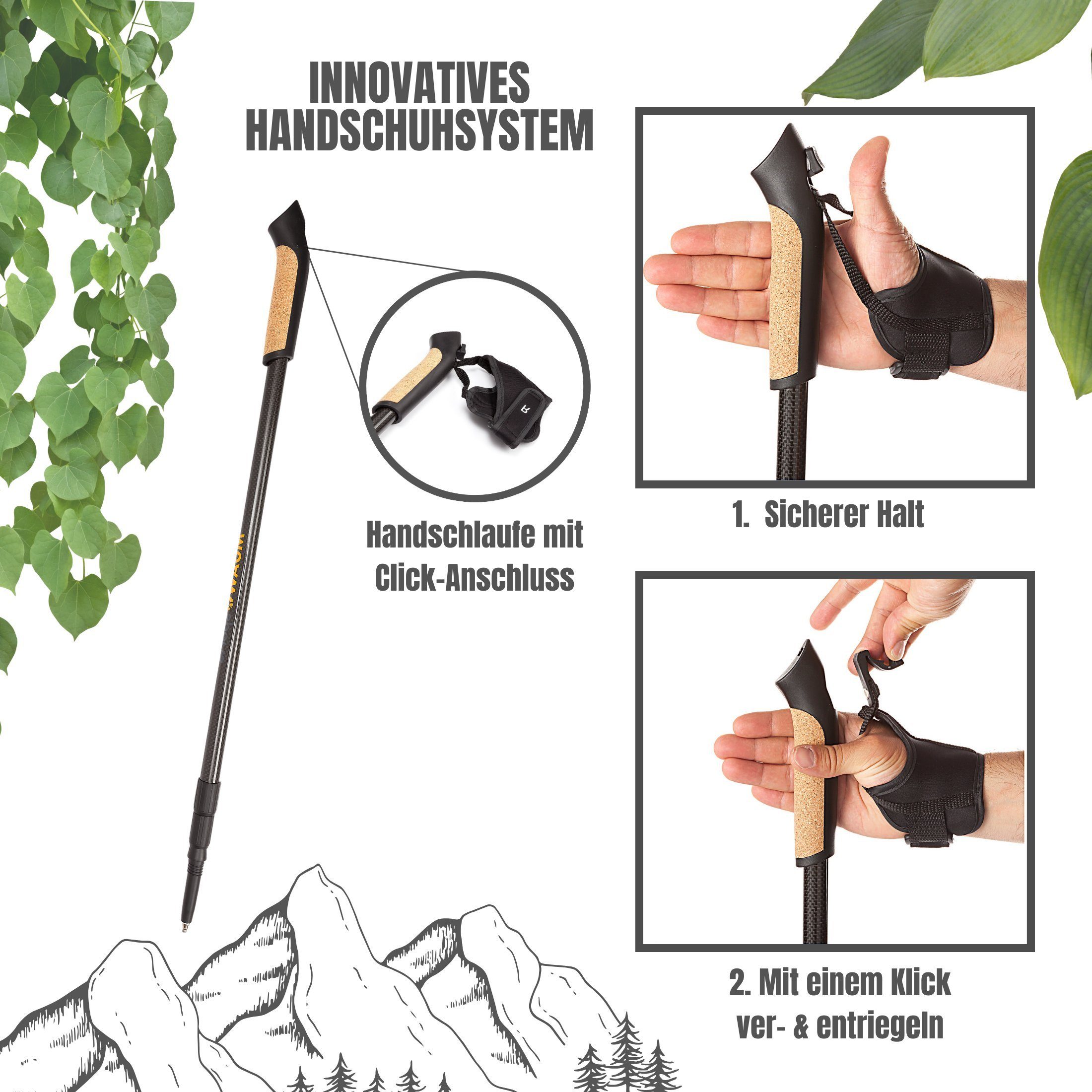 Muawo Nordic-Walking-Stöcke Premium Carbon verstellbar Teleskopstock (praktischer Beutel, Vollständiges Nordic Walking Set mit allen Aufsätzen), federleicht und ultrarobust, Carbon, verstellbar, ergonomisch