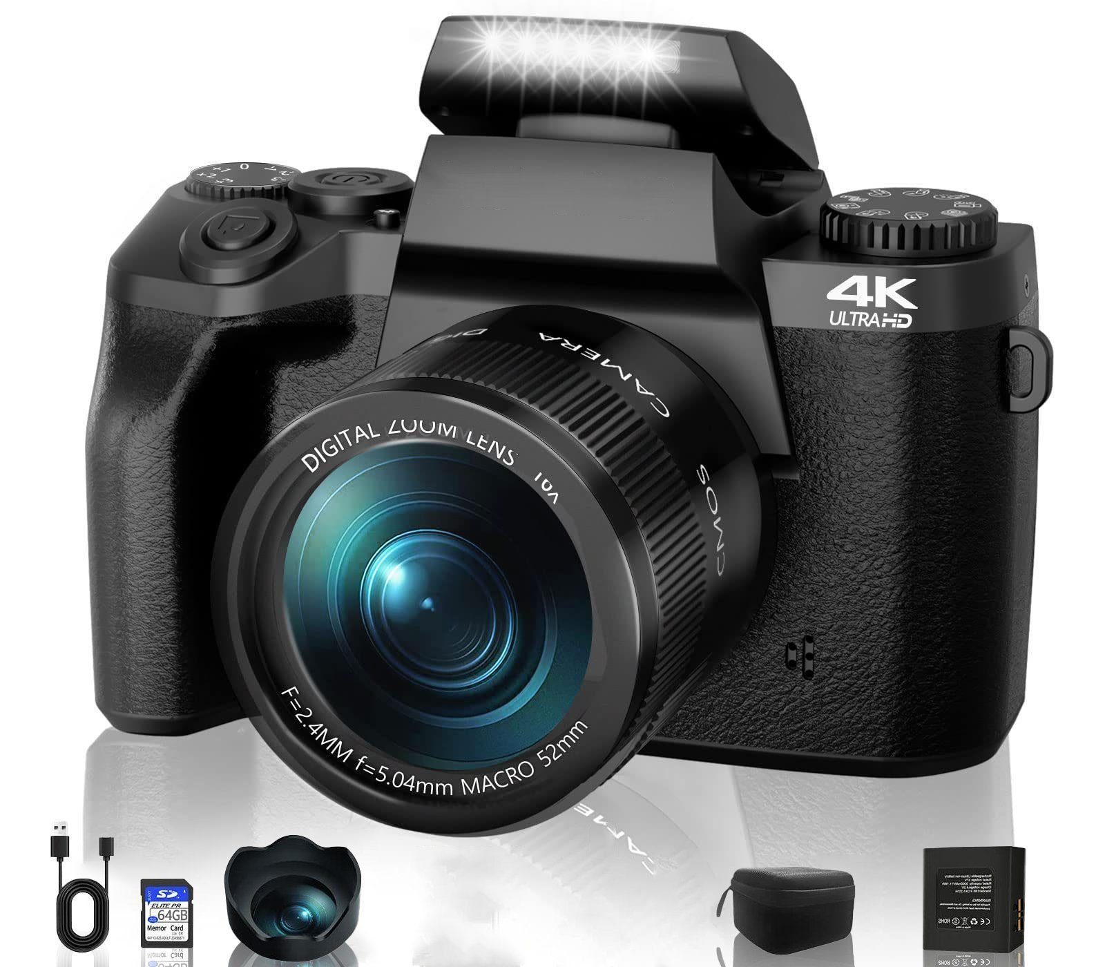 Fine Life Pro W5 Digitalkamera 64MP Kompaktkamera Superzoom-Kamera (64 MP, 16x opt. Zoom, WLAN (Wi-Fi), inkl. 4K 64MP Digitalkamera, Kostenlose 64GB Speicherkarte, Inklusive Handtasche)