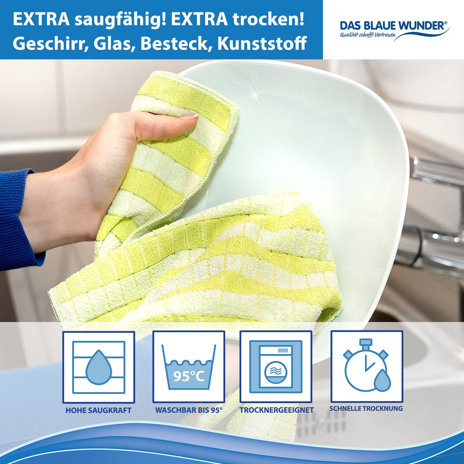 Das Blaue Wunder® Geschirrtuch EXTRA aus Bambusfasern für Küche und Haushalt, (5-tlg., Set: 60 x 40cm), Reinigen und Trocknen, Waschbar bis 95°C