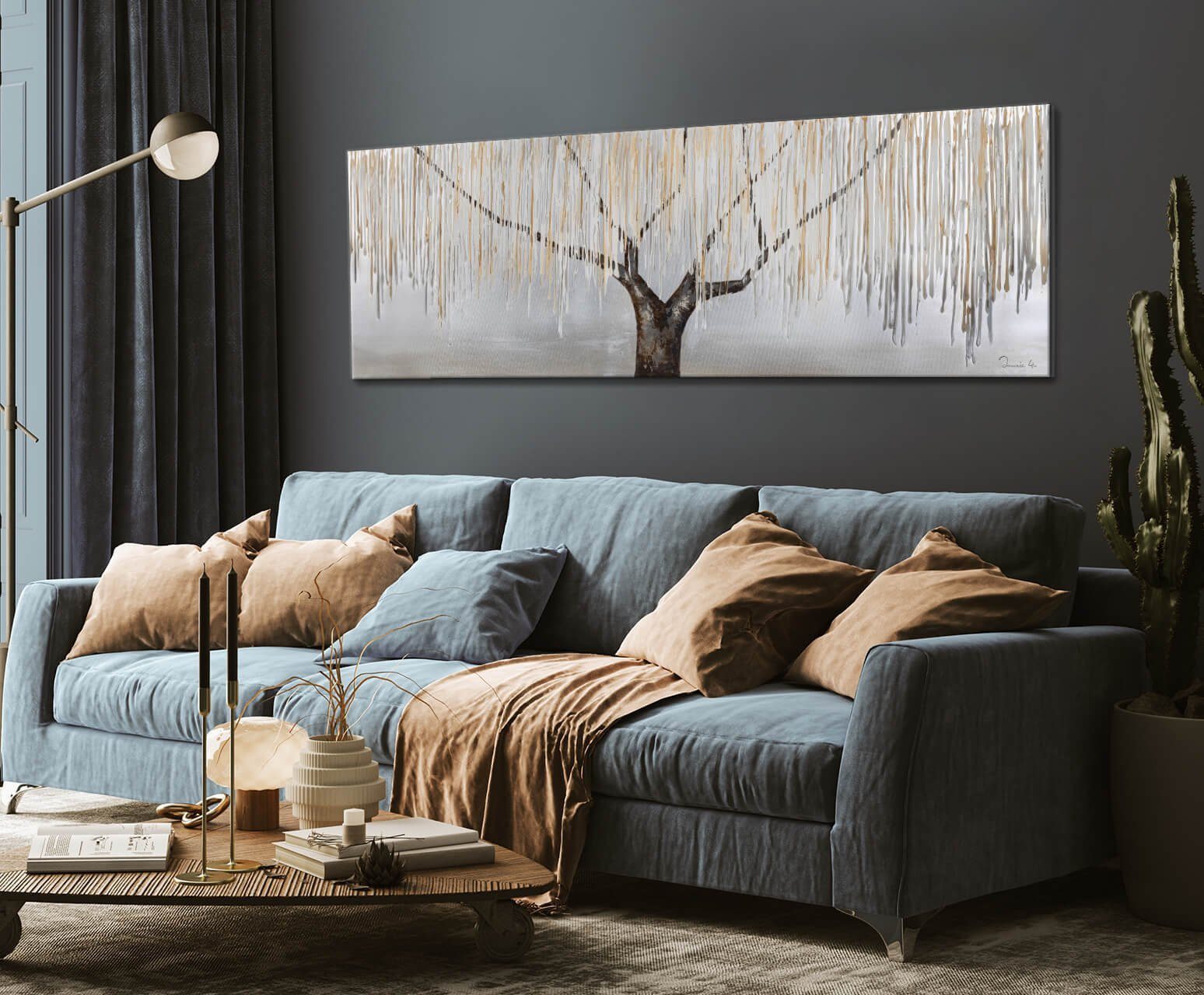 KUNSTLOFT Gemälde Trauerweide im Nebel 150x50 cm, Leinwandbild 100% HANDGEMALT Wandbild Wohnzimmer