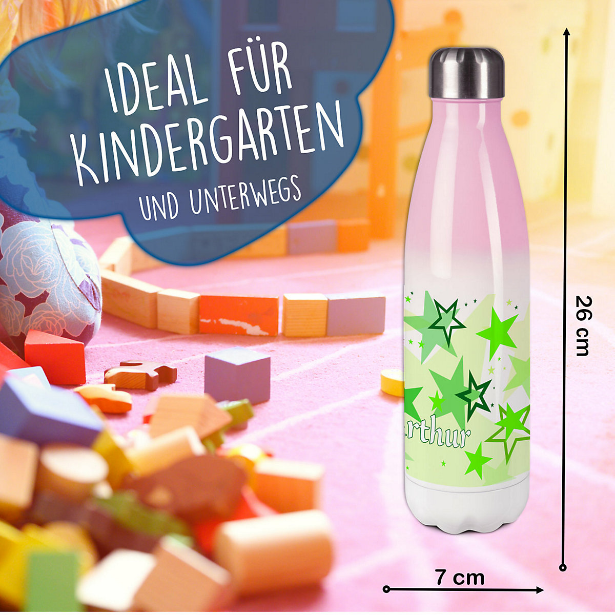 Edelstahl Kinder Thermoflasche / Trinkflasche bunt Sternenhimmel Farbe grün Spülmaschinenfest, Auslaufsicher, Bruchfest, Doppelwandig, Für Heißgetränke geeignet, Mit Deckel, Isoliert