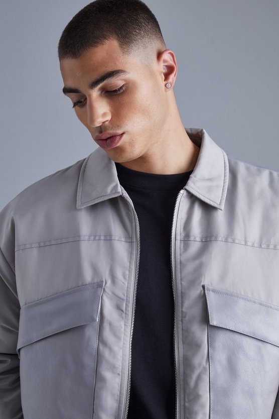 Kastige Bomberjacke aus PU & Nylon mit Kragen