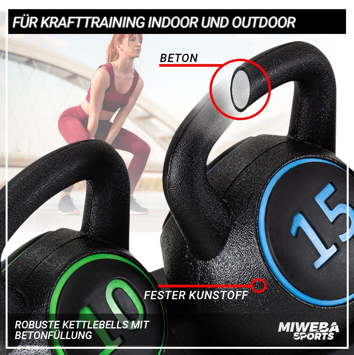 Miweba Sports Kettlebell Premium Kettlebell Set inkl. Ablage, 5/10/15 Lbs, (Schwunghantel - Hantelset Indoor & Outdoor - Krafttraining Workout Kugelgewicht Übungsseil, Total 13,8 Kg, 2.3/4.6/6.9Kg), Fitness Seil Kurzhantel Hanteln Gewichte Kugelhante