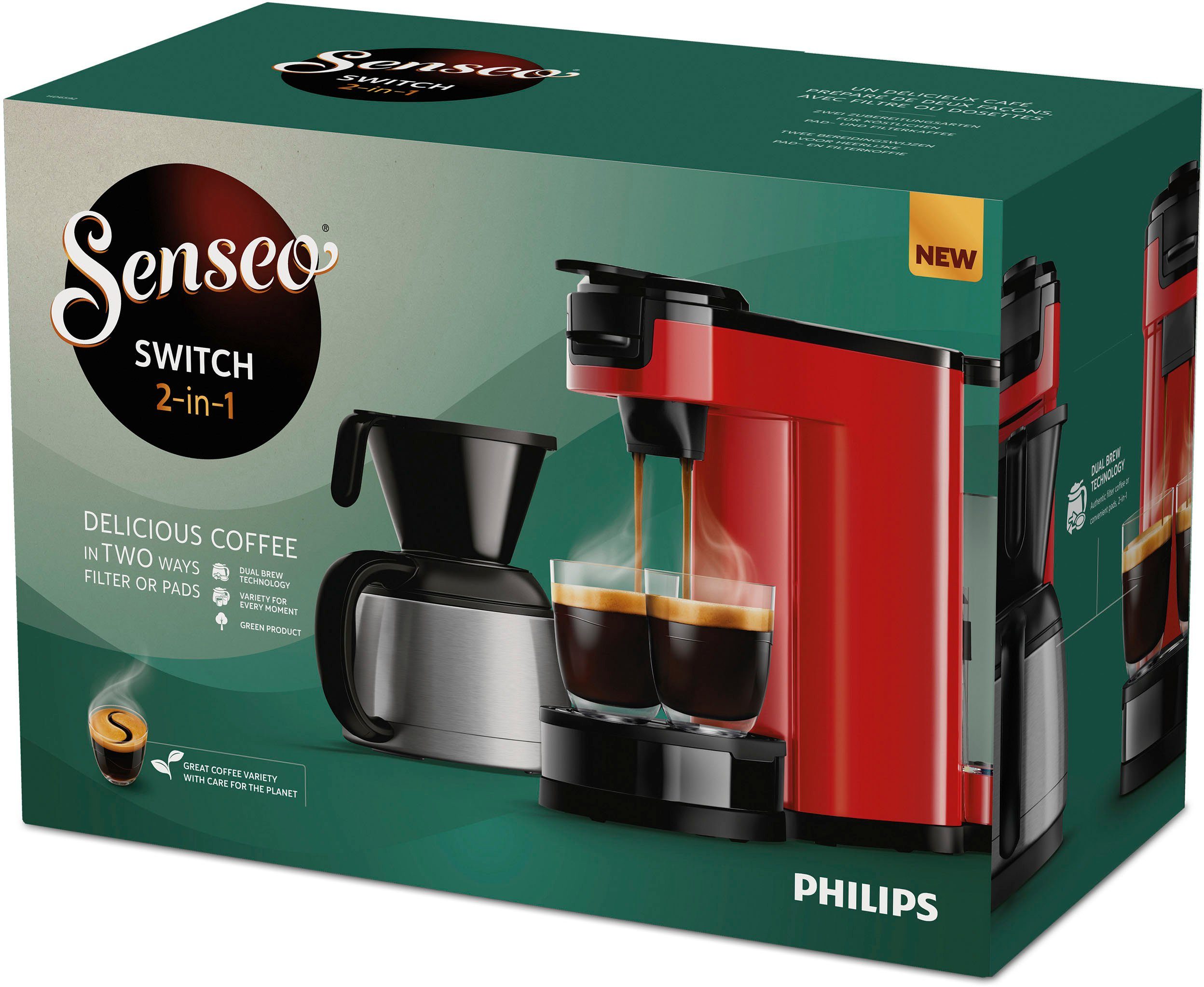Philips Senseo Kaffeepadmaschine Switch HD6592/84, 1l Kaffeekanne, inkl. Kaffeepaddose im Wert von 9,90 € UVP