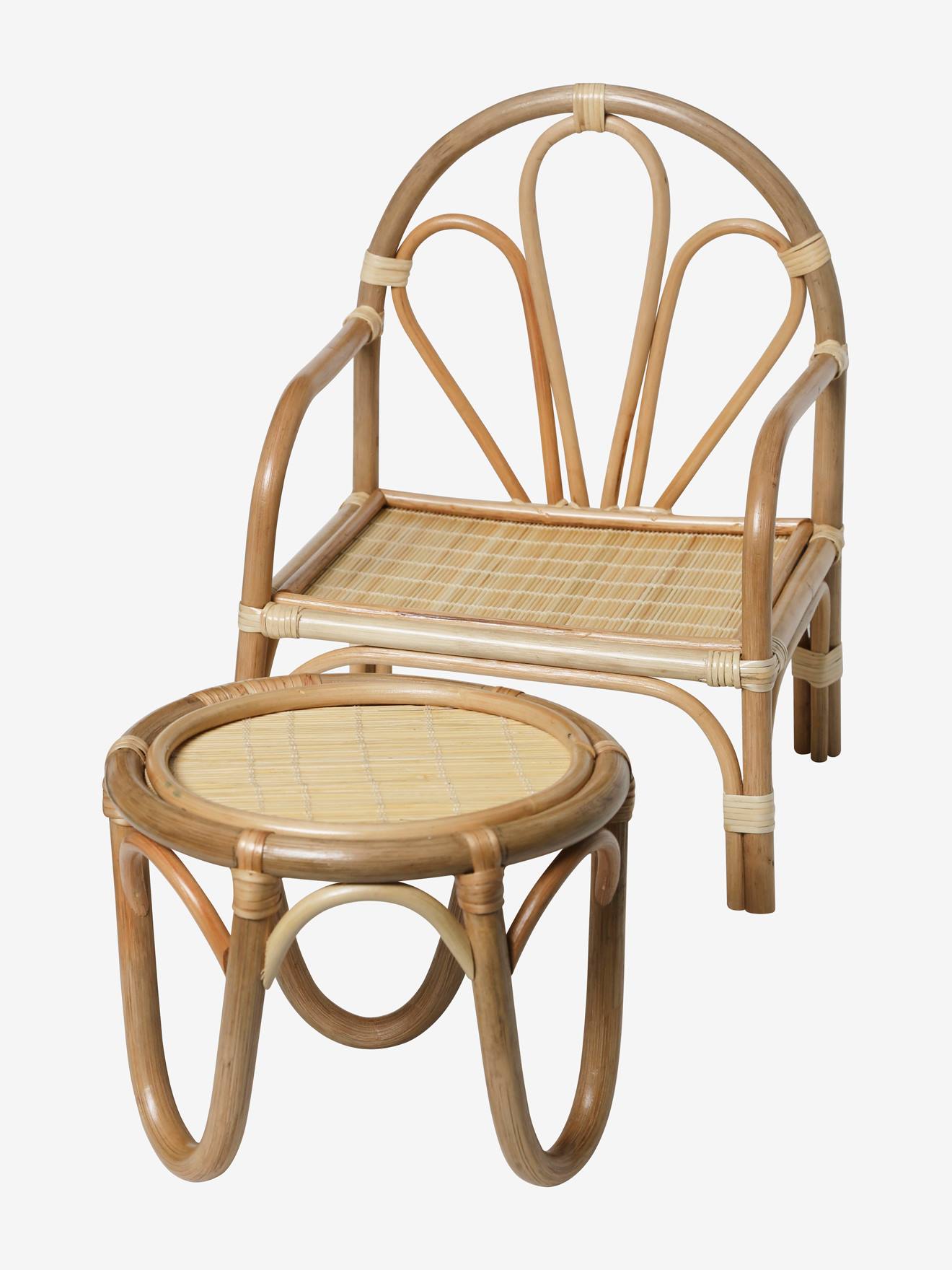 Chaise + table poupon en rotin beige