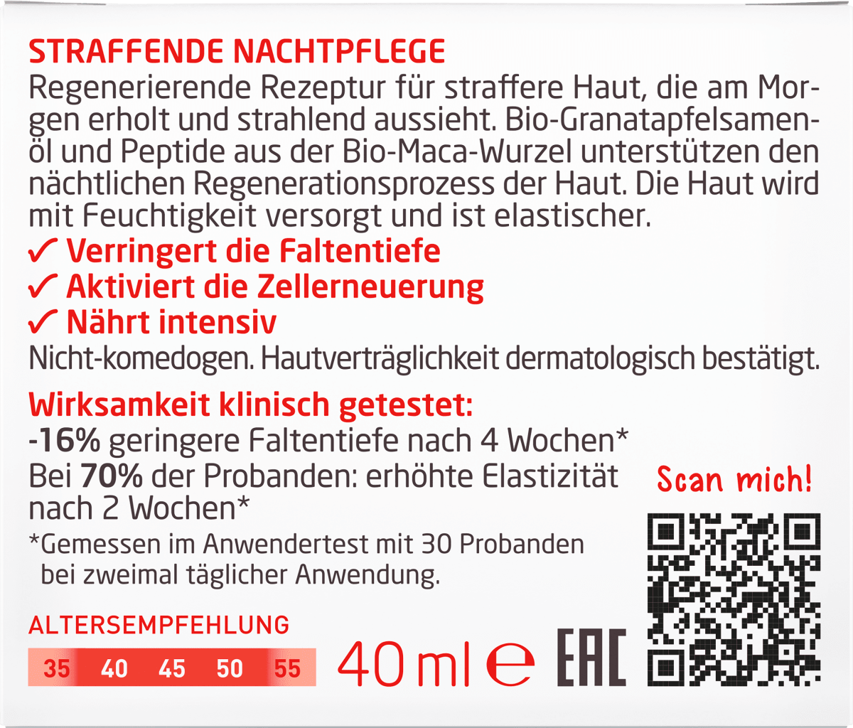 Nachtcreme straffend Granatapfel & Maca-Peptide, 40 ml