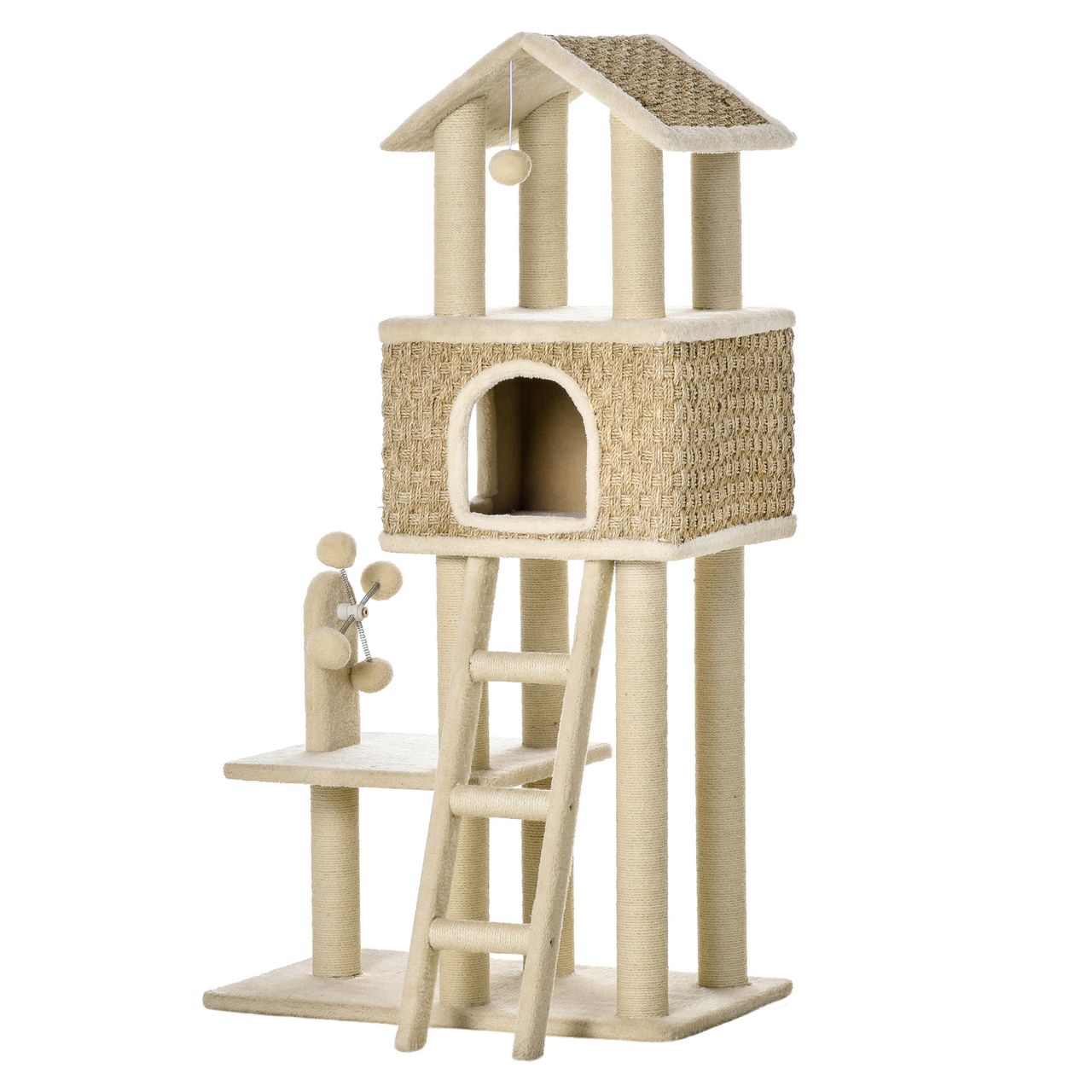 PawHut Kratzbaum Katzenbaum mit Katzenhöhle und großer Plattform aus Plüsch in Khaki Beige Kaffee