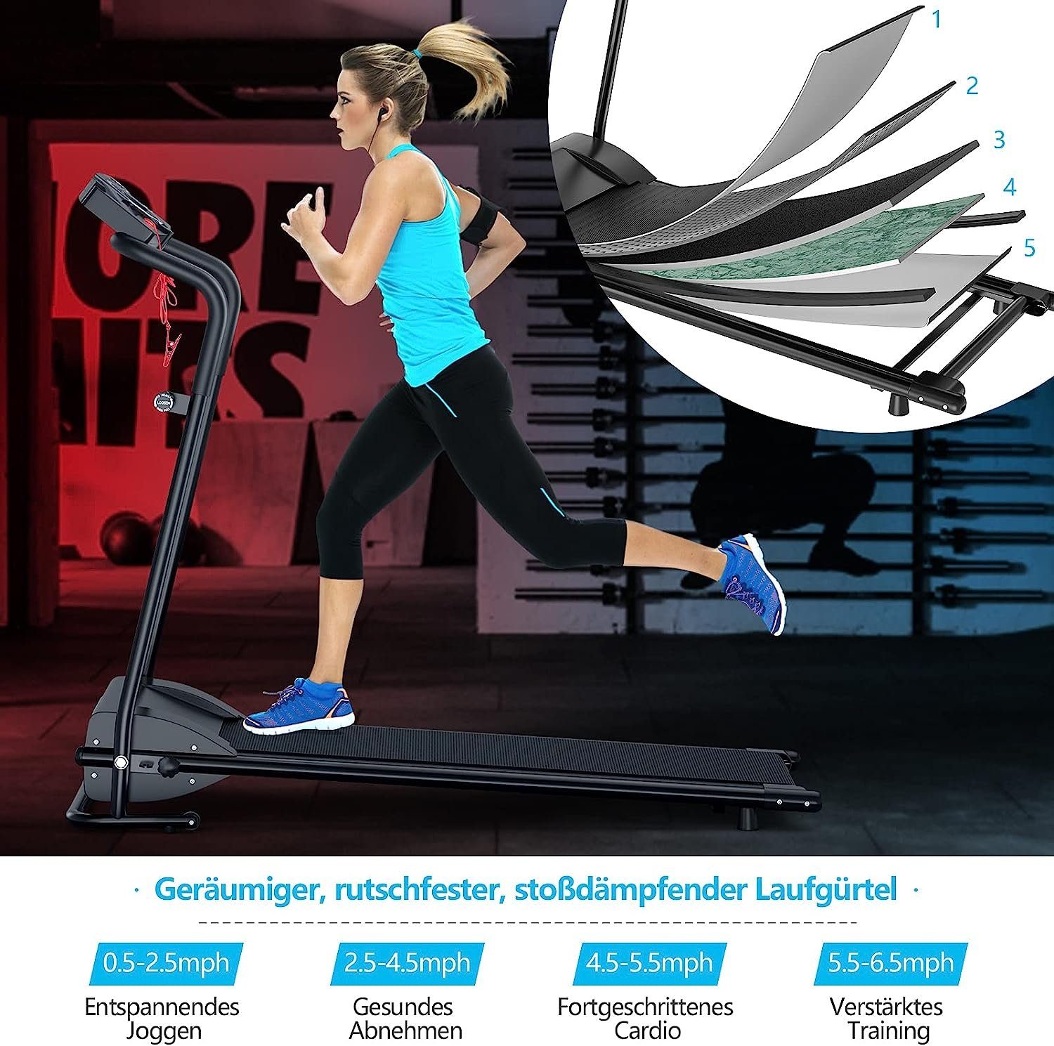 KOMFOTTEU Laufband Fitnessgerät, bis 100 kg, bis 10 km/h