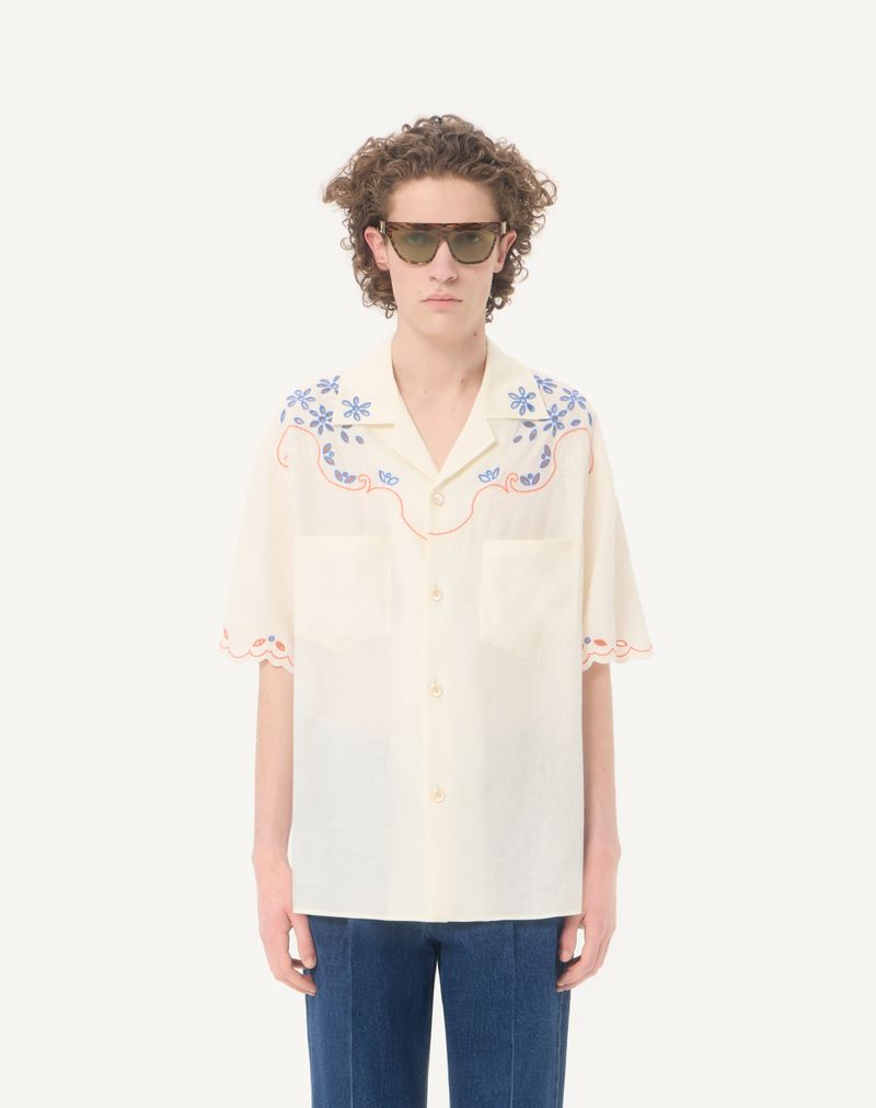Camisa de boliche Valentino St. Gallen em linho com bordado do logotipo V.