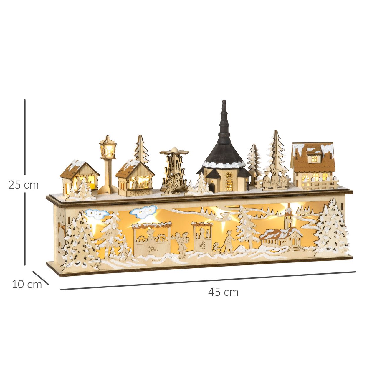HOMCOM Weihnachtsdeko Verschneites Weihnachtsdorf mit 10 LEDs Natur 45x10x25 cm