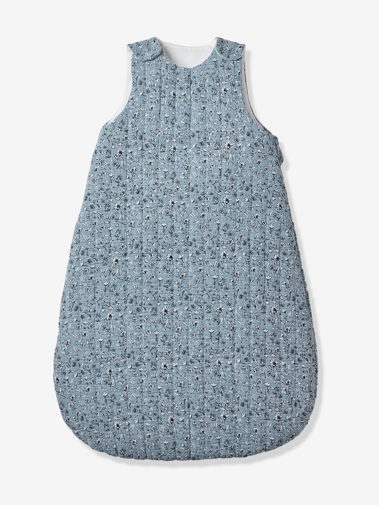 Vertbaudet Ärmelloser Baby Schlafsack INDIEN BLUME personalisierbar Oeko-Tex - blau bedruckt