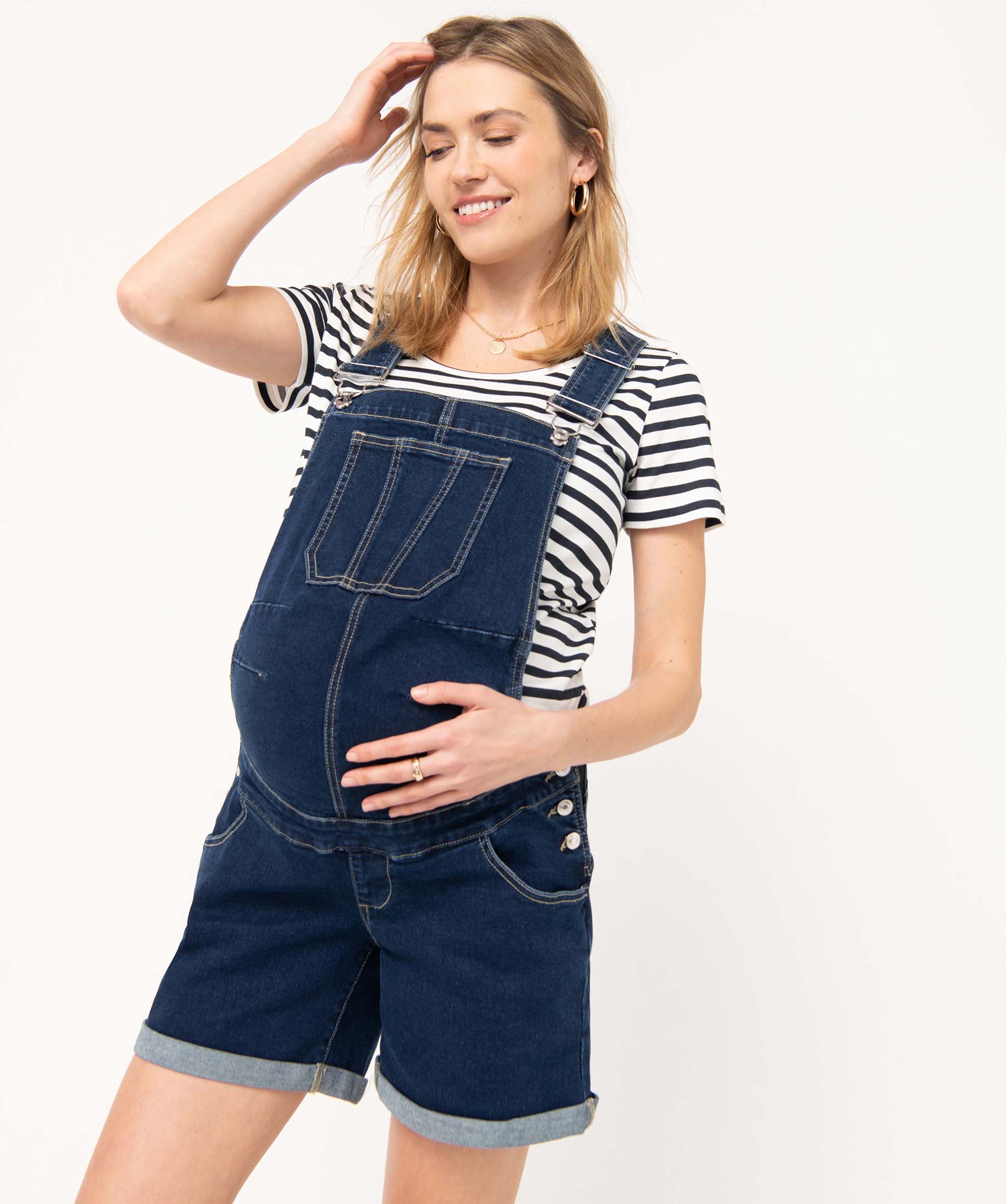 Salopette de maternité en toile denim coupe courte denim | GEMO