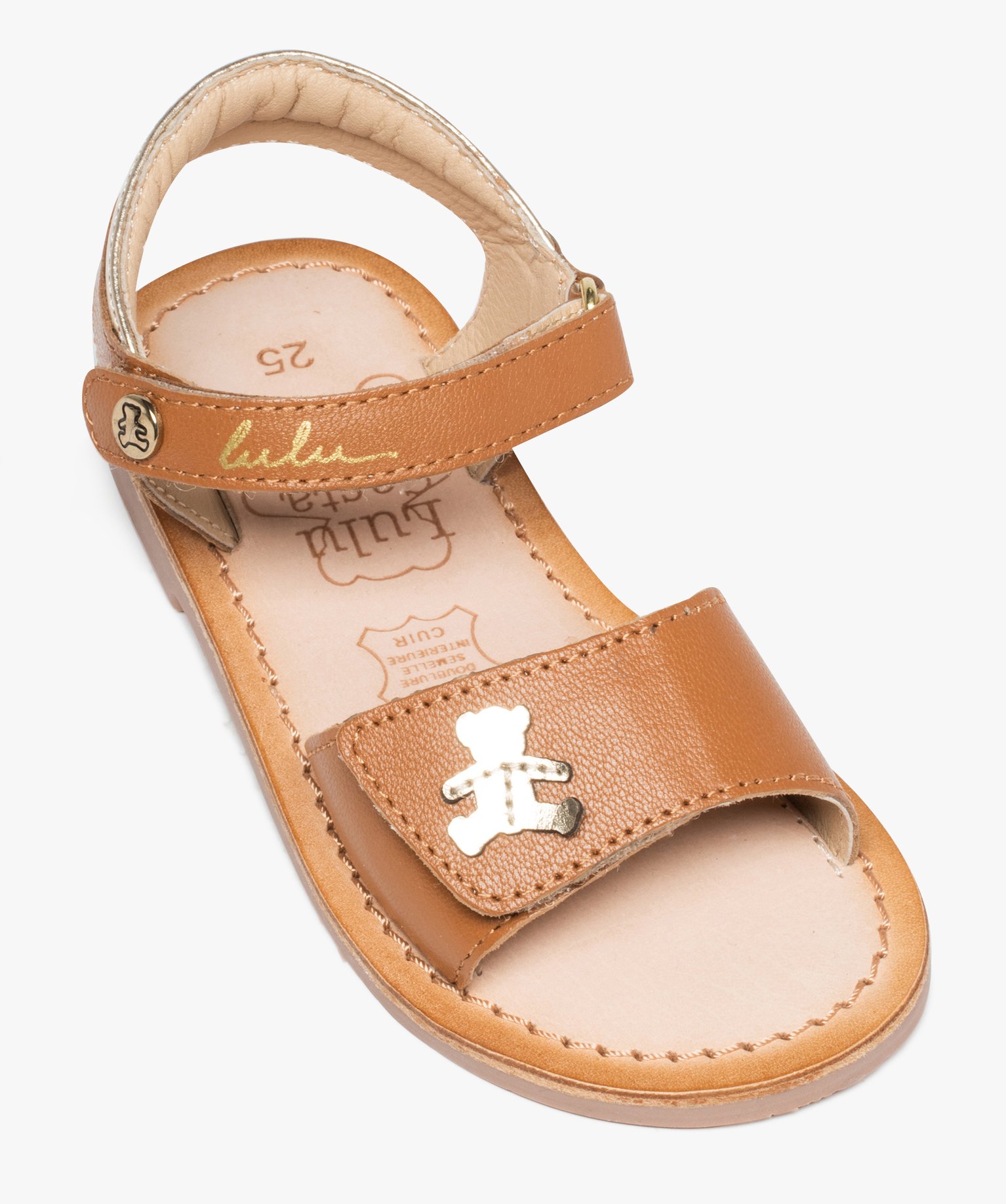 Sandales fille unies dessus en cuir et détail brillant - Lu... camel | GEMO