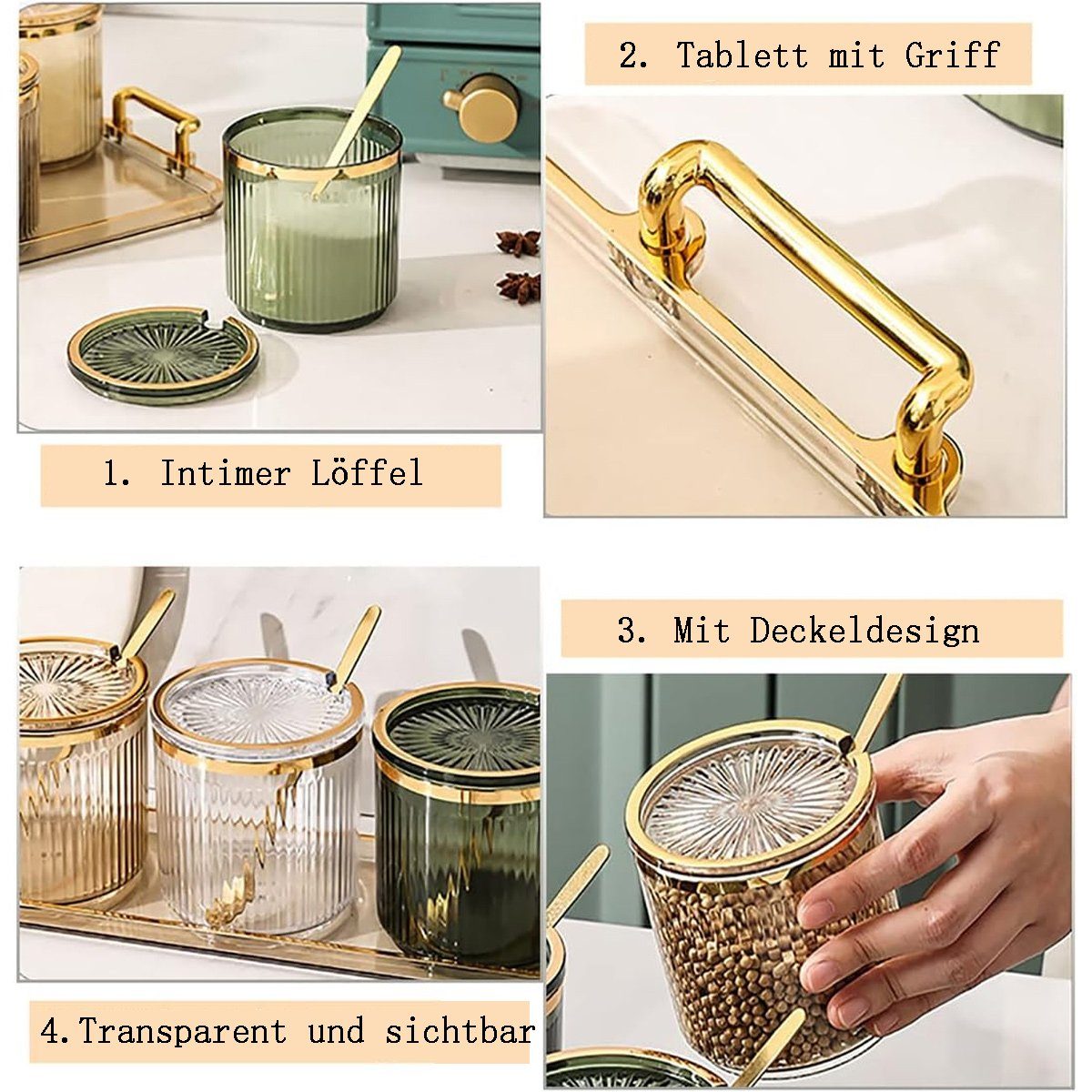 Einemgeld Gewürzbehälter 4 Stück Acryl-Gewürzgläser, mit Deckel, Löffeln und Tablett, 360ml, PET, Acryl, (Set, 4-tlg. Gewürzdose mit Deckel)