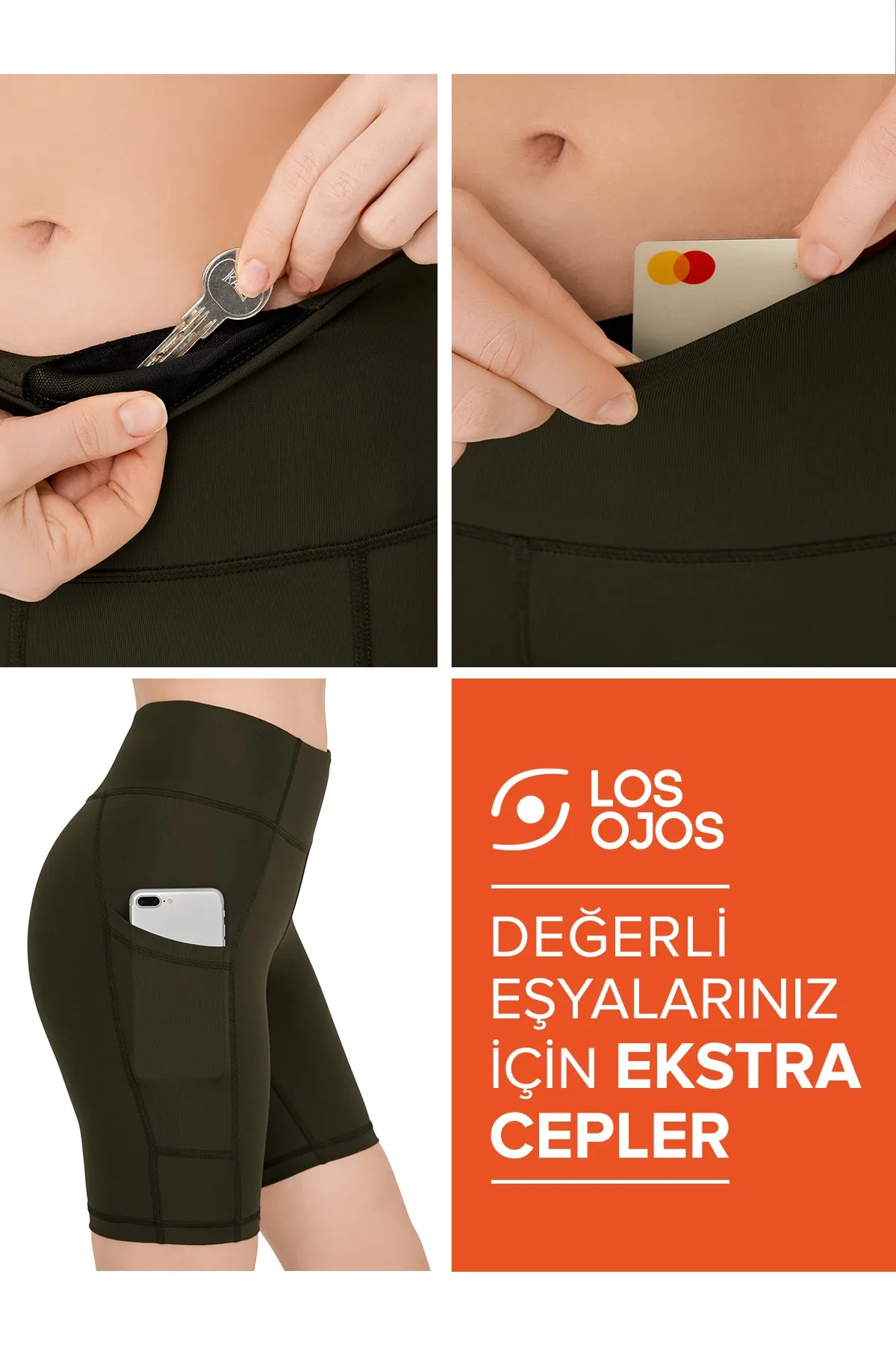 LOS OJOS  Dunkelkhakifarbene, glättende Biker-Shorts mit doppelter Tasche und kurzer Sportstrumpfhose für Damen mit hoher Taille