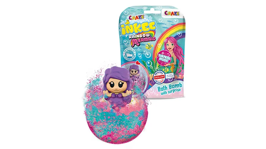 CRAZE - INKEE Mermaid Badekugel mit Erdbeerduft - mit Überraschung (1 von 6 Saugnapf-Figuren) 80 g