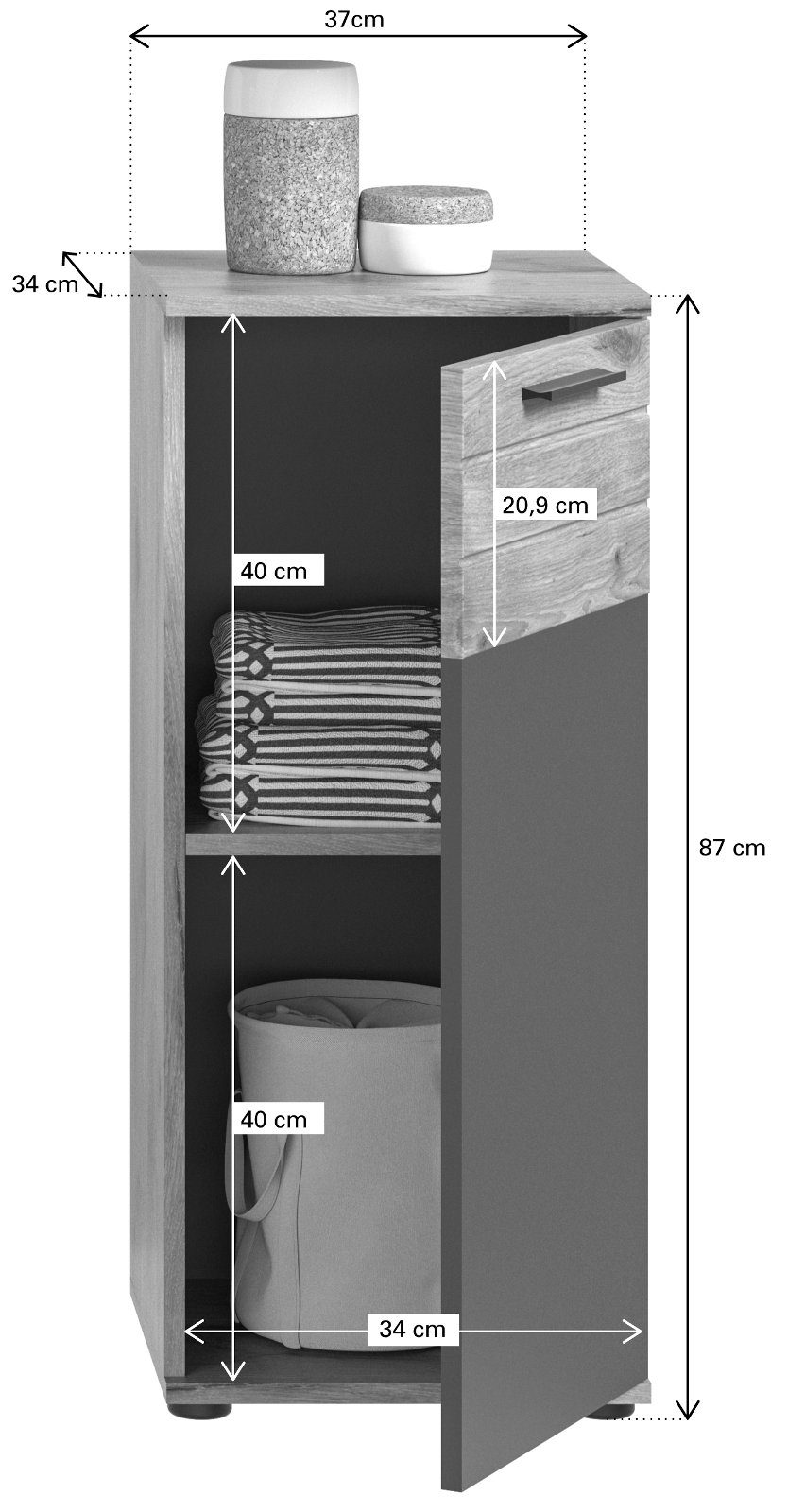 xonox.home Unterschrank Mason (Kommode in grau und Nox Eiche, BxH 37 x 87 cm) Türanschlag wechselbar, mit Soft-Close