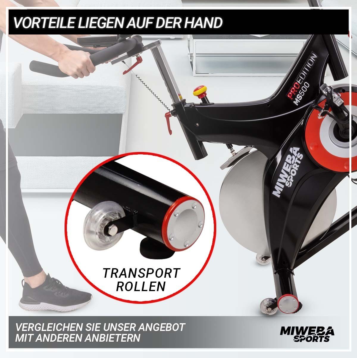 Miweba Sports Speedbike Profi Indoor Cycle Bike MS500 inkl. Pulsgurt - 25 Kg Schwungmasse (Sportgeräte für zu hause, Heimtrainer Fahrrad, Trimmrad, Fahrradtrainer, Cardio, Sport, Training, Ganzkörpertraining, 2-tlg., iConsole+, Kinomap-App, Pulsmesse