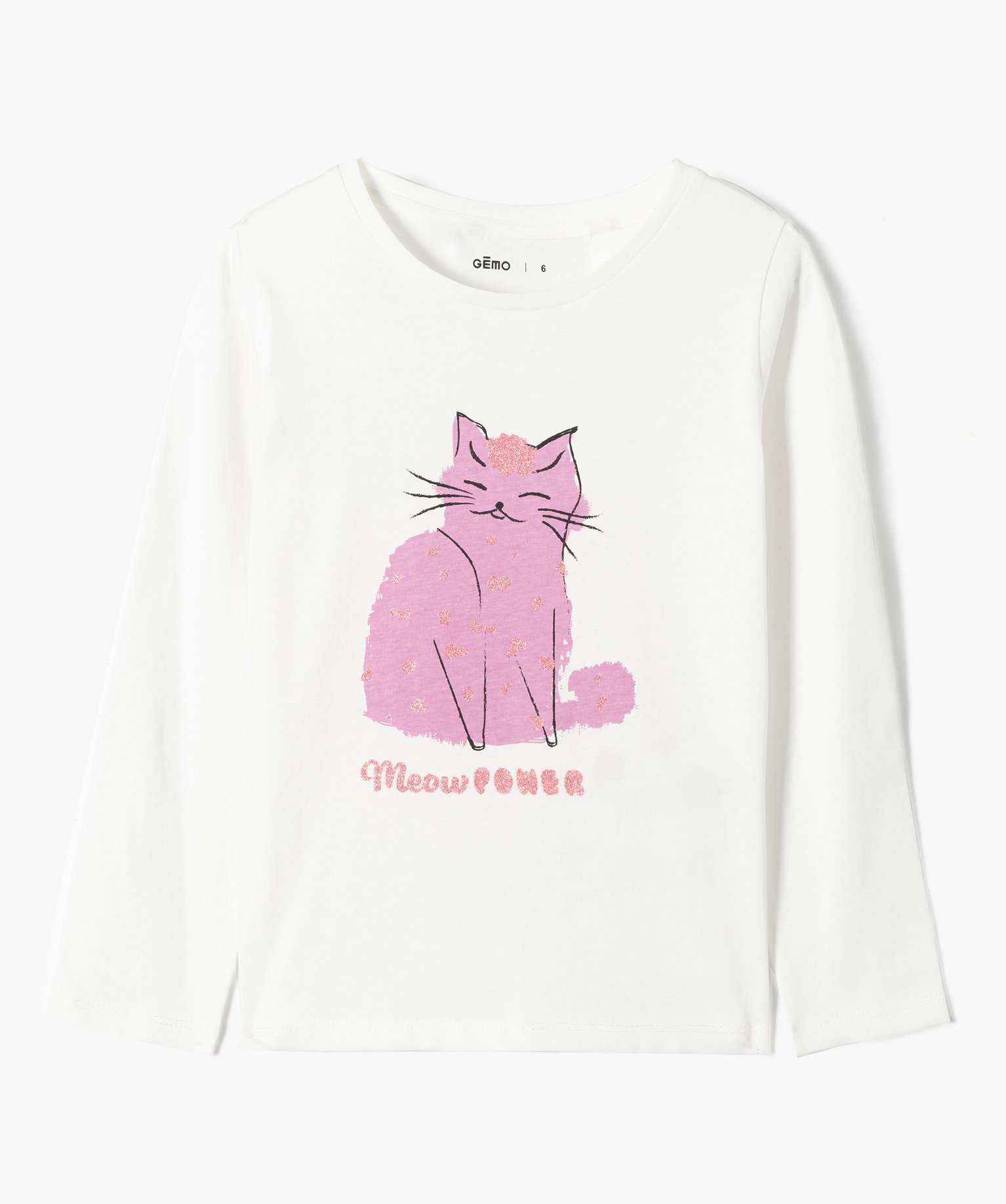 Tee-shirt fille à manches longues avec motif pailleté ecru | GEMO