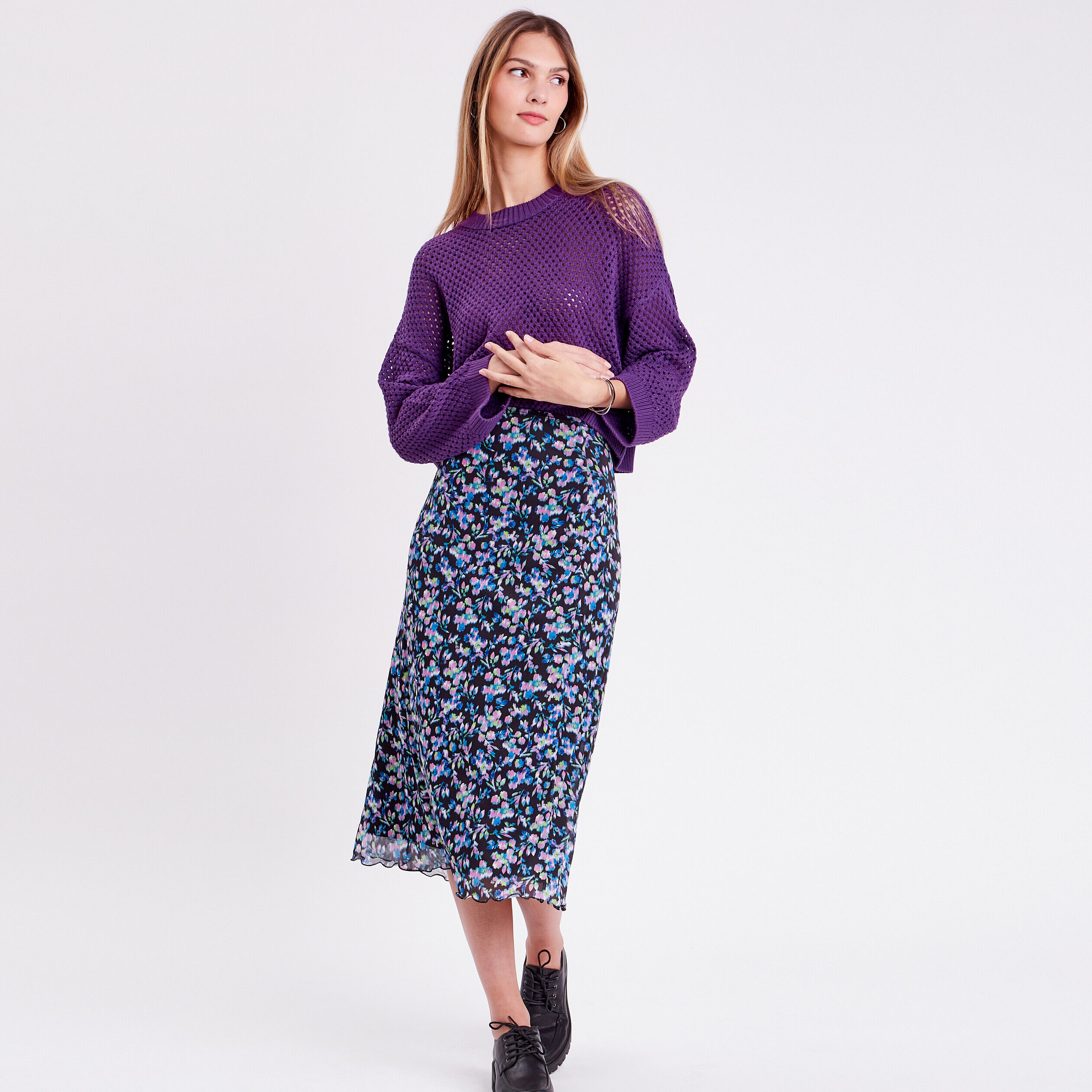 Pull ajouré col rond violet foncé femme | Cache Cache