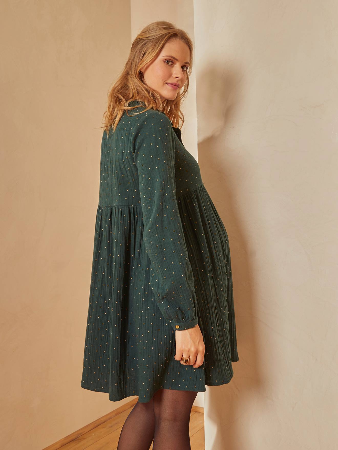 Robe imprimée gaze de coton grossesse et allaitement gris avec motif