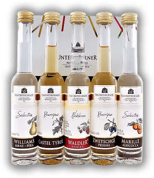 Unterthurner Destillate Selection Mignon 5x0,04 Liter Waldler Noblesse, Zwetschgenbrand, Marillenbrand, Williams Birnenbrand und Grappa Castel Tyrol Barrique Unterthurner Destillate Selection Mignon 5x0,04 Liter Waldler Noblesse, Zwetschgenbrand, Mar