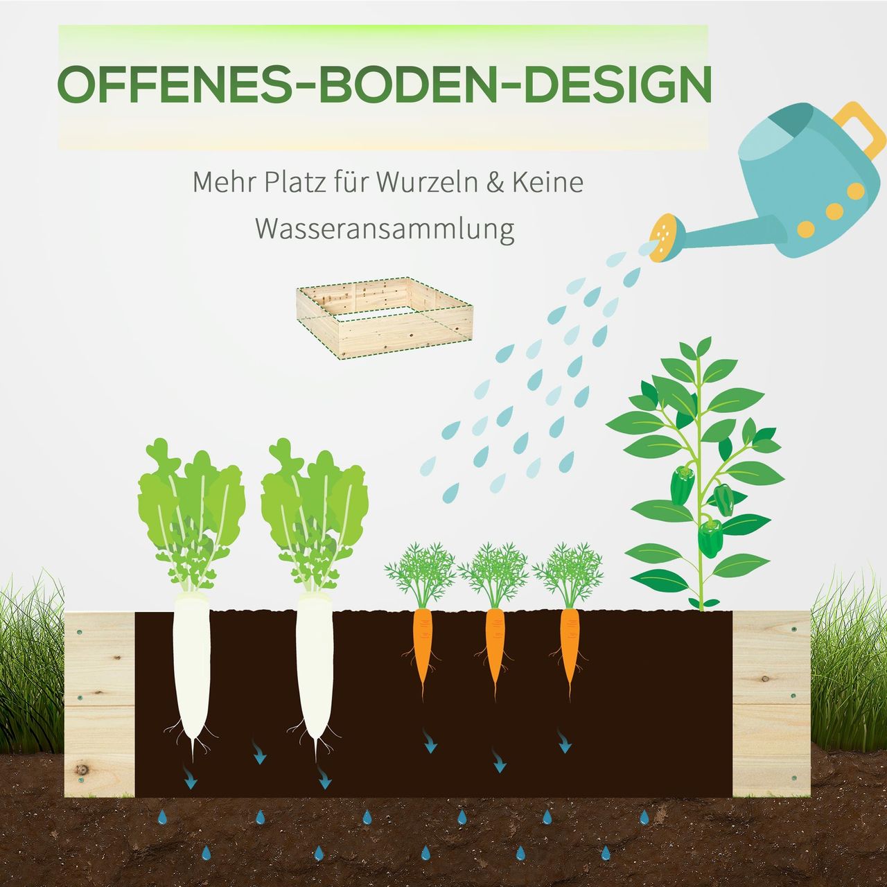 Outsunny Hochbeet aus Holz Gartenbeet mit Vliesstoff Pflanzkübel Pflanzkasten Kräuterbeet für Balkon Garten Natur 117 x 117 x 30 cm
