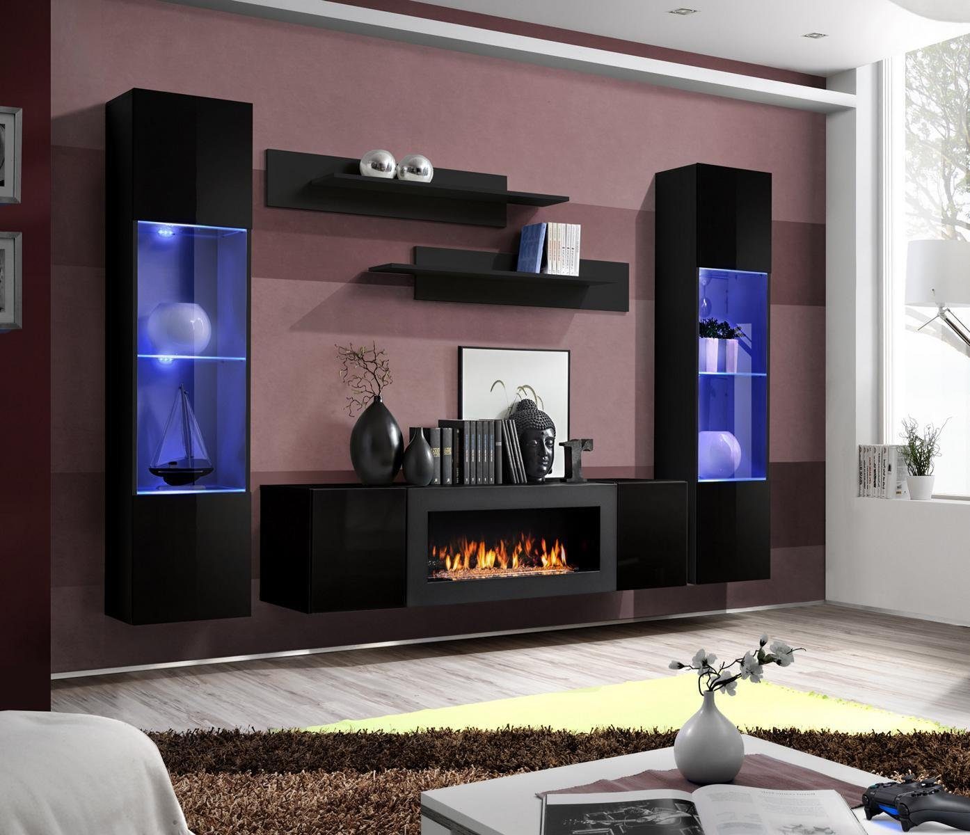 JVmoebel Wohnzimmer-Set Designer Schwarz Wohnwand Holzmöbel Hänge Vitrine Luxus, (6-St., 1x Wohnwand+1x Sideboard Mit Kamin+2x Hänge Vitrine+2x Wandregal), Made in Europa