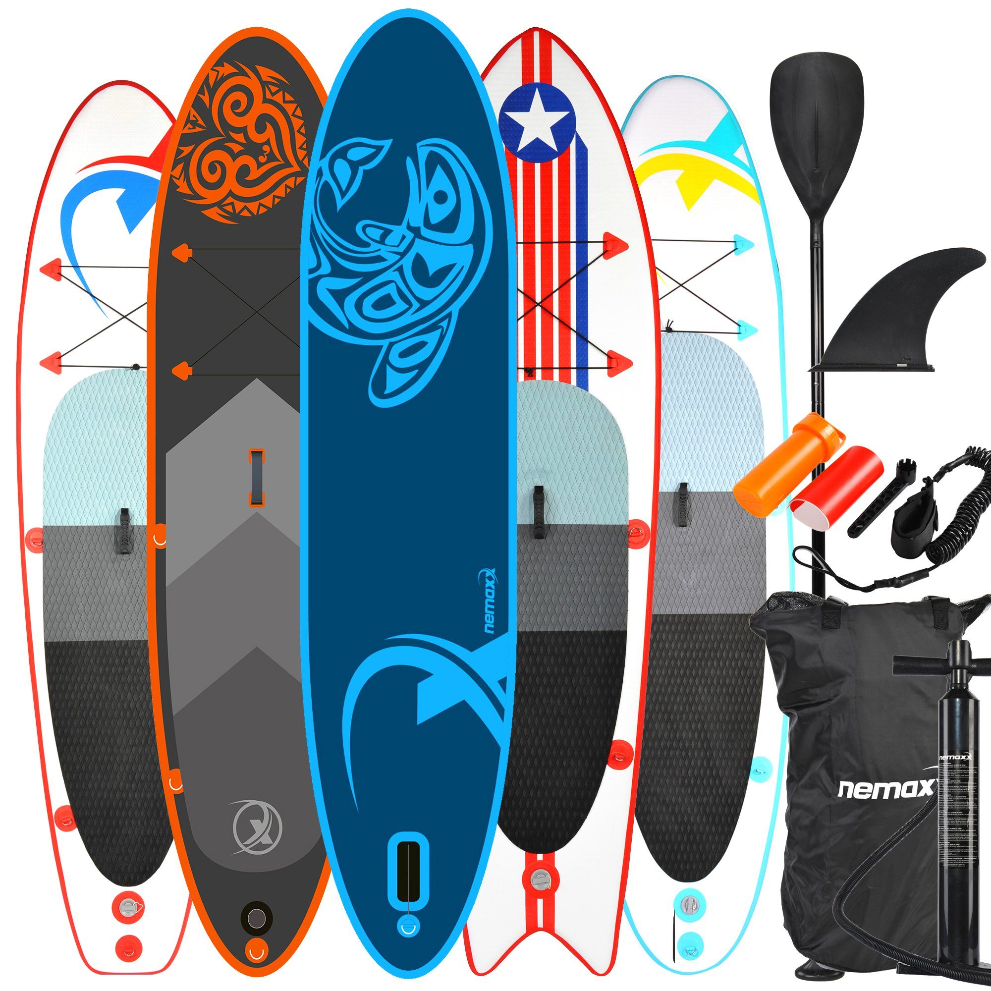 NEMAXX Inflatable SUP-Board, NEMAXX Komfort Sitz für SUP mit Sitz- und Rückenpolster Kissen - Stand Up Paddle Board Sitzauflage mit Sitztasche, Kajak- / Kanusitz - rutschfest, schwarz