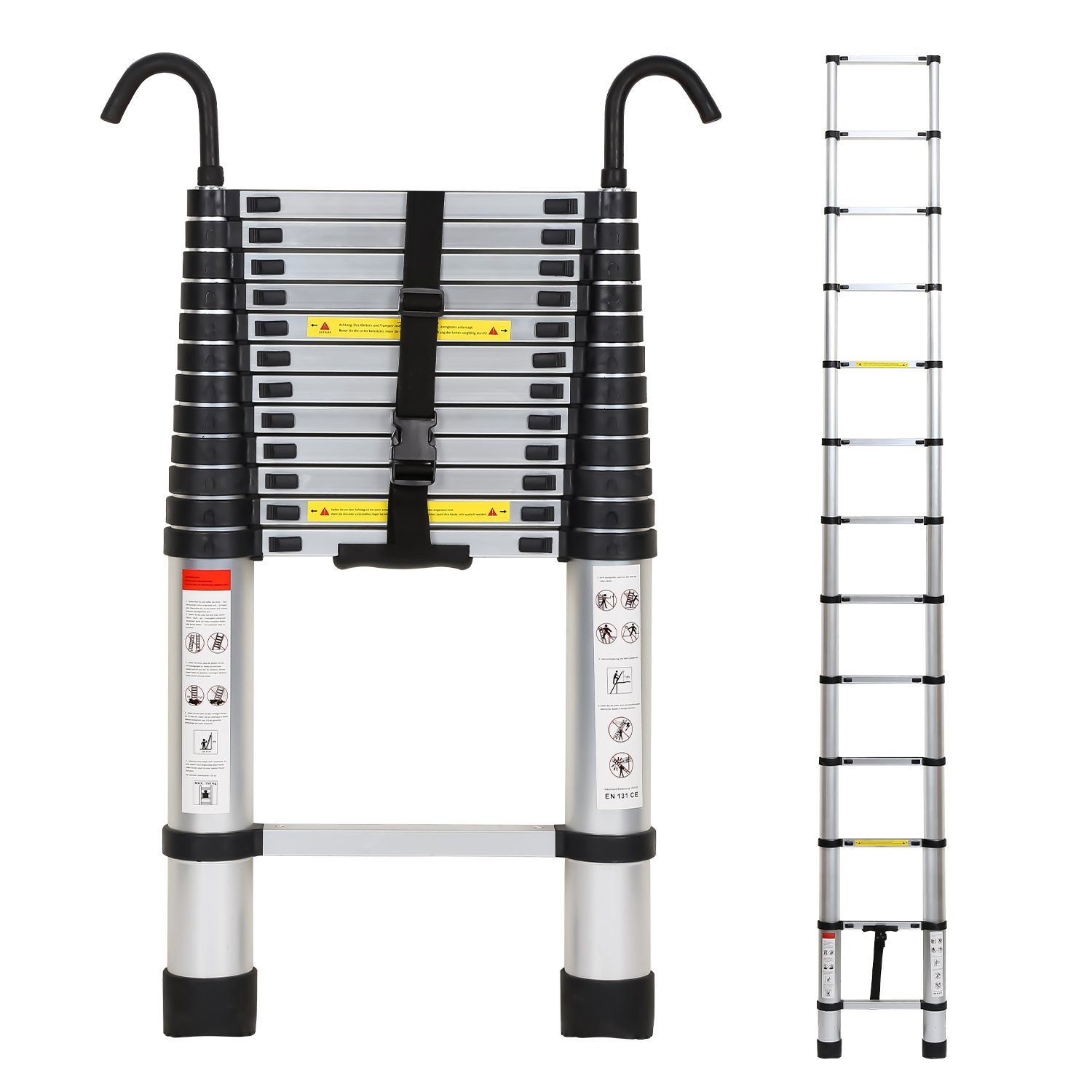 Yakimz Teleskopleiter Teleskopleiter Alu 3.8m Ausziehleiter Anlegeleiter mit haken Silber