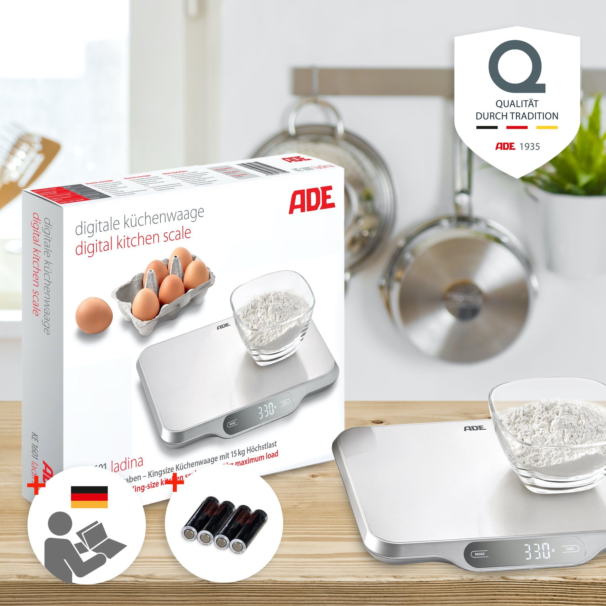 ADE Küchenwaage Waage mit großer XXL-Wiegefläche aus Edelstahl, für präzises Wiegen bis 15kg, mit Zuwiegefunktion (Tara) und Auto-Hold