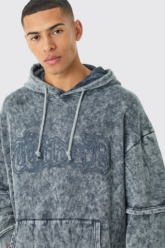 Bestickter Oversize Hoodie mit Acid-Waschung