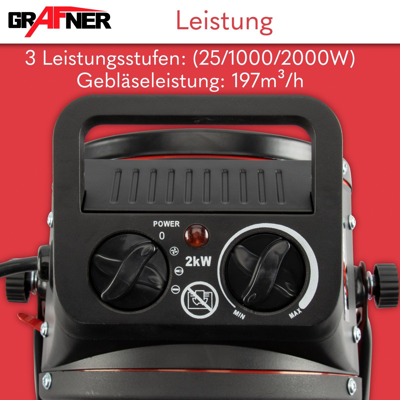 Grafner Heizgerät 2000 W Baustellen Heizlüfter Heizgebläse 2 kW Keramik Elektroheizung, 2000 W, mit Thermostat und Tragegriff